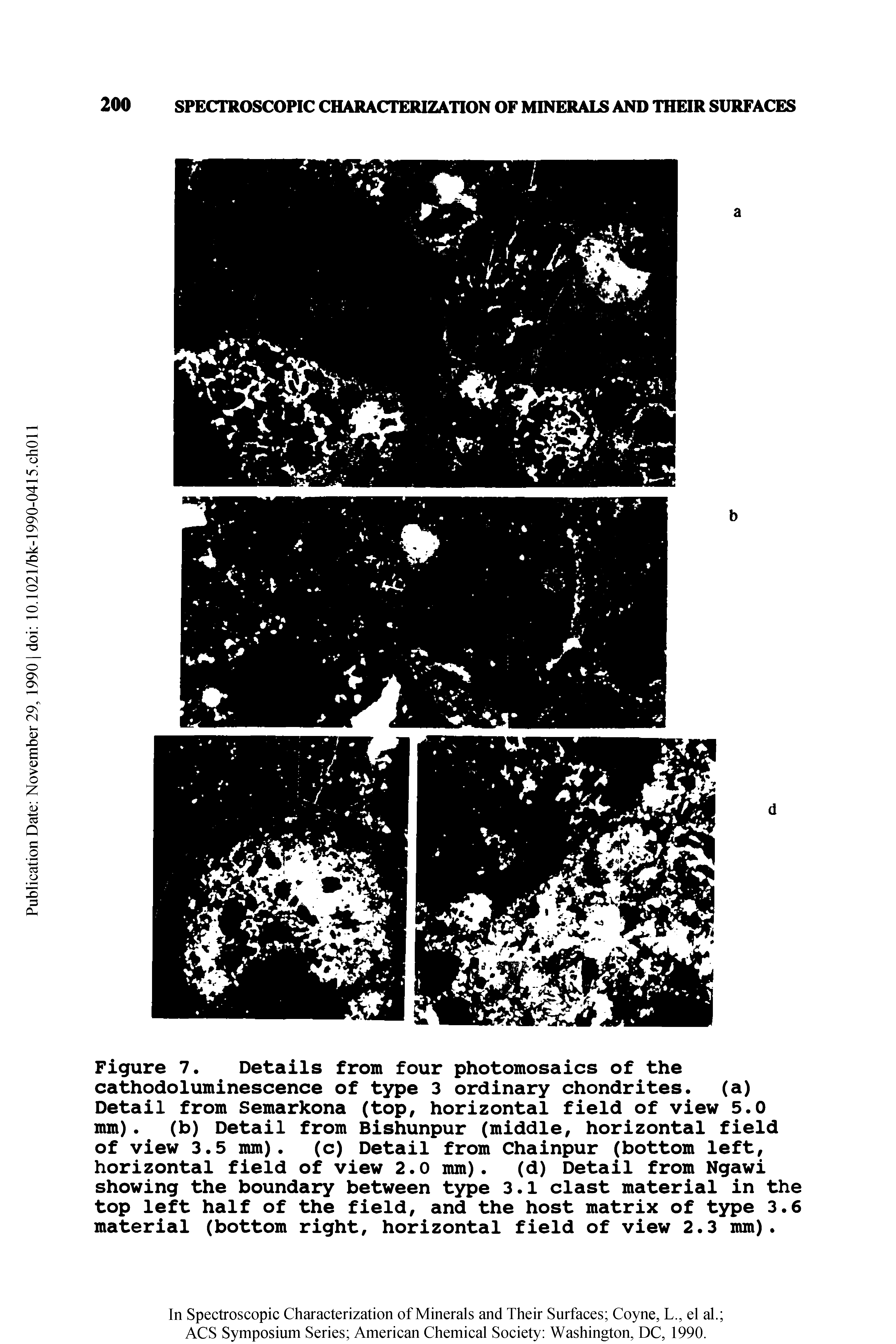 Figure 7. Details from four photomosaics of the cathodoluminescence of type 3 ordinary chondrites. (a) Detail from Semarkona (top, horizontal field of view 5.0 mm). (b) Detail from Bishunpur (middle, horizontal field...