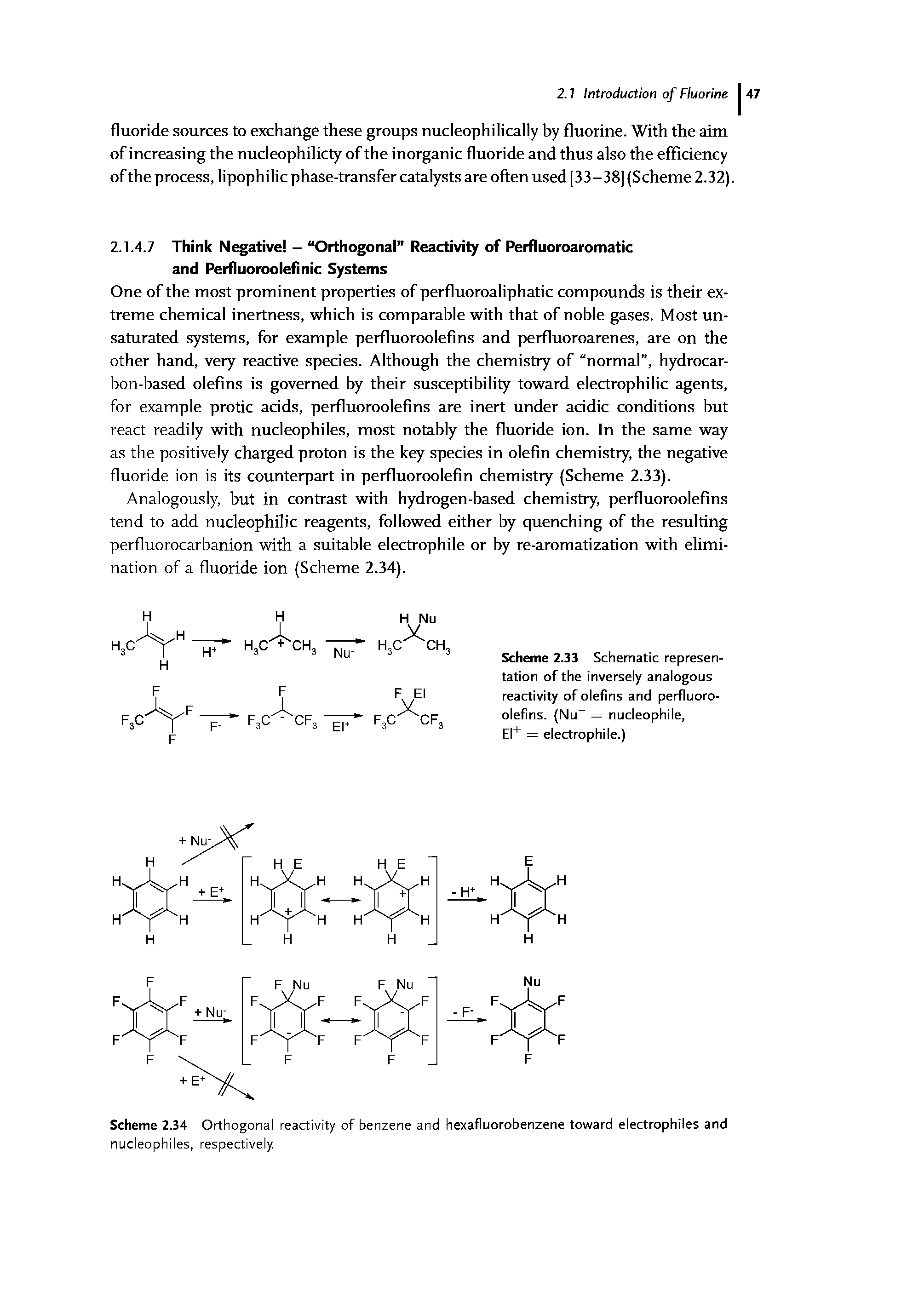 Scheme 2.34 Orthogonal reactivity of benzene and hexafluorobenzene toward electrophiles and nucleophiles, respectively.