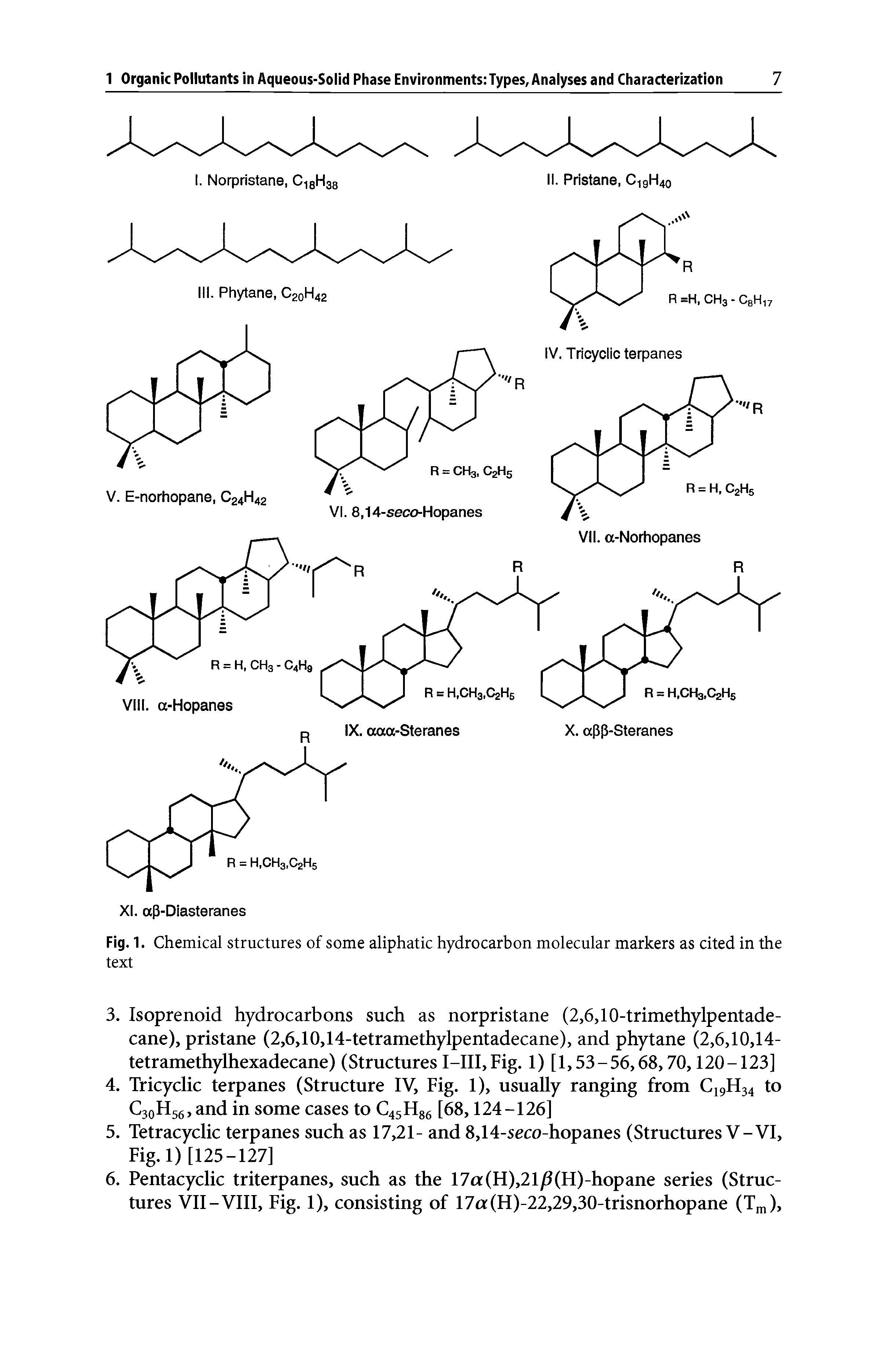 Fig. 1. Chemical structures of some aliphatic hydrocarbon molecular markers as cited in the text...