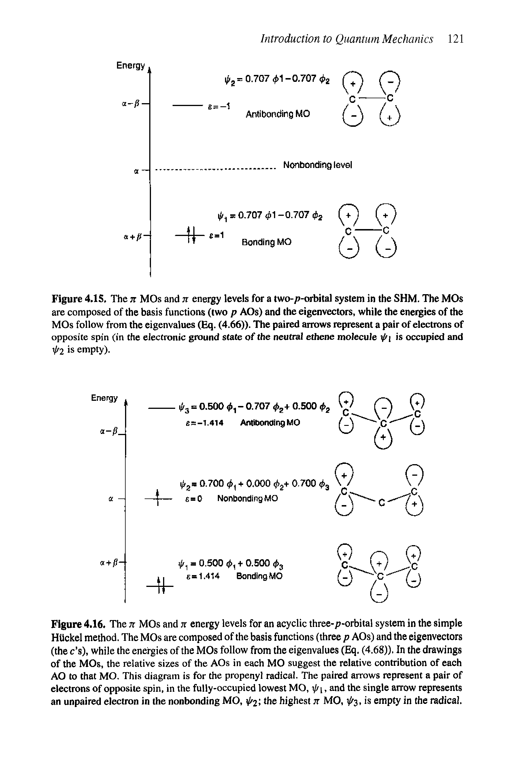 Figure 4.16. The n MOs and jt energy levels for an acyclic three-p-orbital system in the simple Htickel method. The MOs are composed of the basis functions (three p AOs) and the eigenvectors (the c s), while the energies of the MOs follow from the eigenvalues (Eq. (4.68)), In the drawings of the MOs, the relative sizes of the AOs in each MO suggest the relative contribution of each AO to that MO. This diagram is for the propenyl radical. The paired arrows represent a pair of electrons of opposite spin, in the fully-occupied lowest MO,, and the single arrow represents an unpaired electron in the nonbonding MO, 4 2> tlie highest n MO, fs, is empty in the radical.