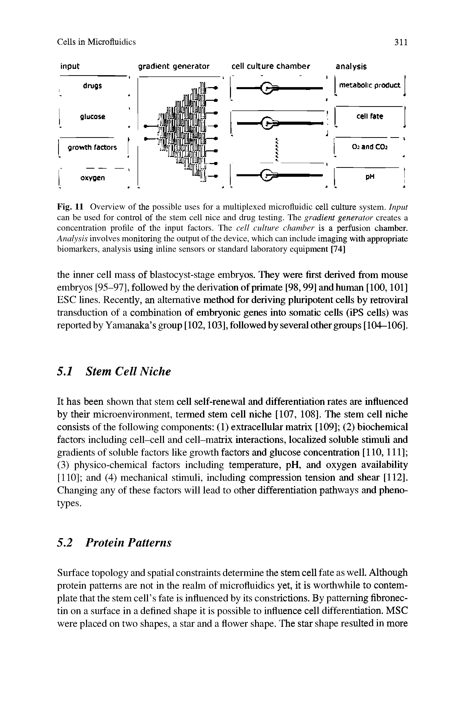 Fig. 11 Overview of the possible uses for a multiplexed microfluidic cell culture system. Input can be used for control of the stem cell nice and drug testing. The gradient generator creates a concentration profile of the input factors. The cell culture chamber is a perfusion chamber. Analysis involves monitoring the output of the device, which can include imaging with appropriate biomarkers, analysis using Inline sensors or standard laboratory equipment [74]...