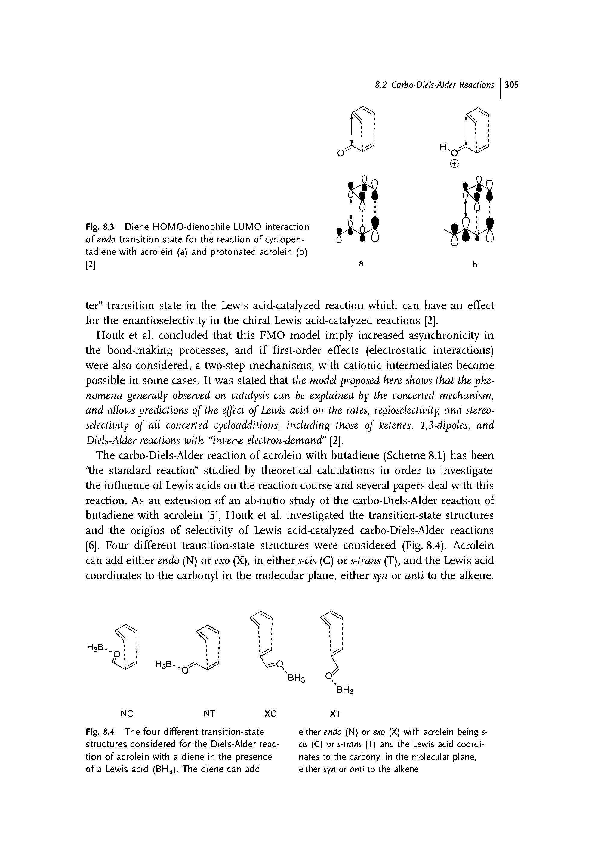 Fig. 8.3 Diene HOMO-dienophile LUMO interaction of endo transition state for the reaction of cyclopen-tadiene with acrolein (a) and protonated acrolein (b)...