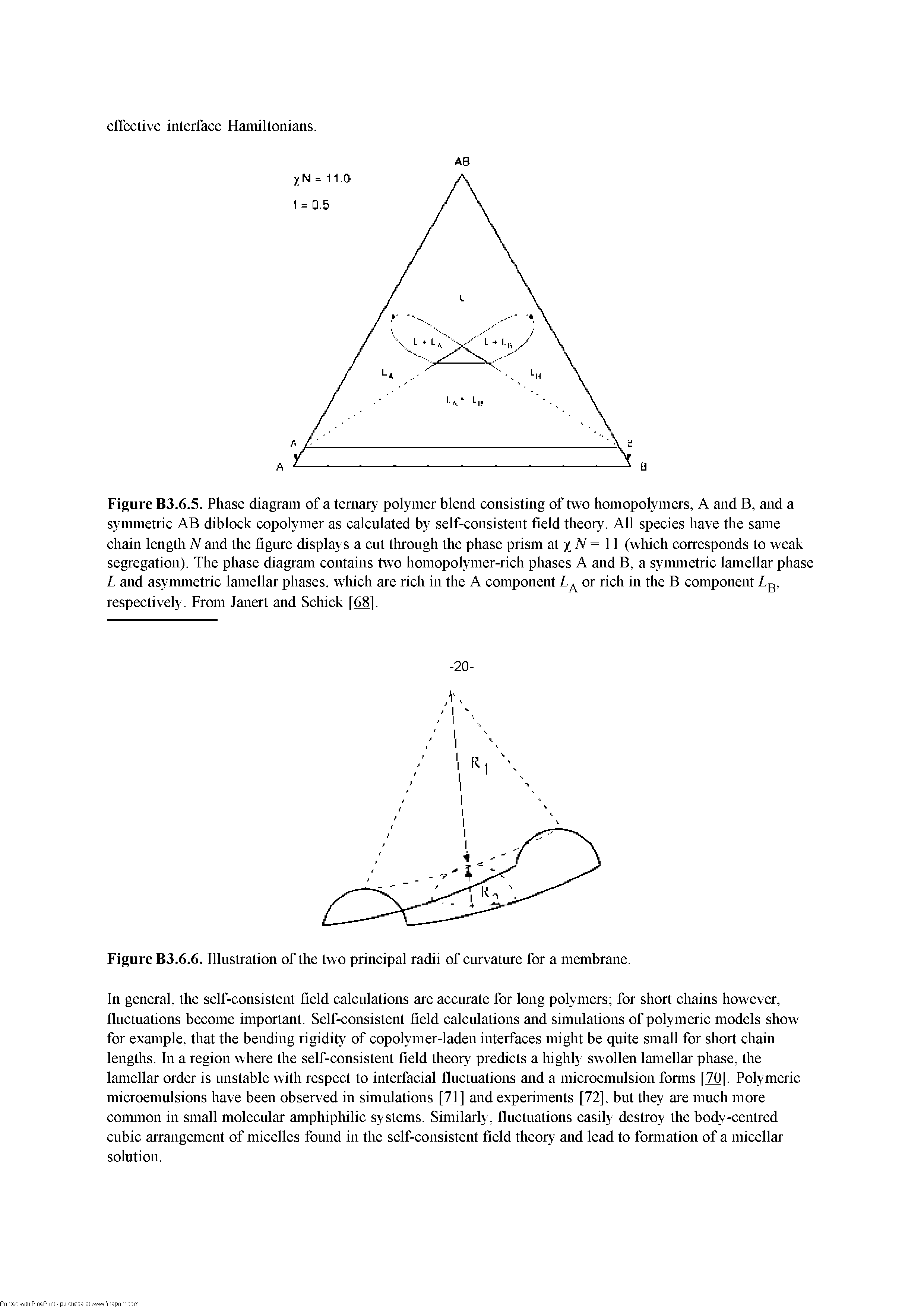 Figure B3.6.5. Phase diagram of a ternary polymer blend consisting of two homopolymers, A and B, and a synnnetric AB diblock copolymer as calculated by self-consistent field theory. All species have the same chain length A and the figure displays a cut tlirough the phase prism at%N= 11 (which corresponds to weak segregation). The phase diagram contains two homopolymer-rich phases A and B, a synnnetric lamellar phase L and asynnnetric lamellar phases, which are rich in the A component or rich in the B component ig, respectively. From Janert and Schick [68].