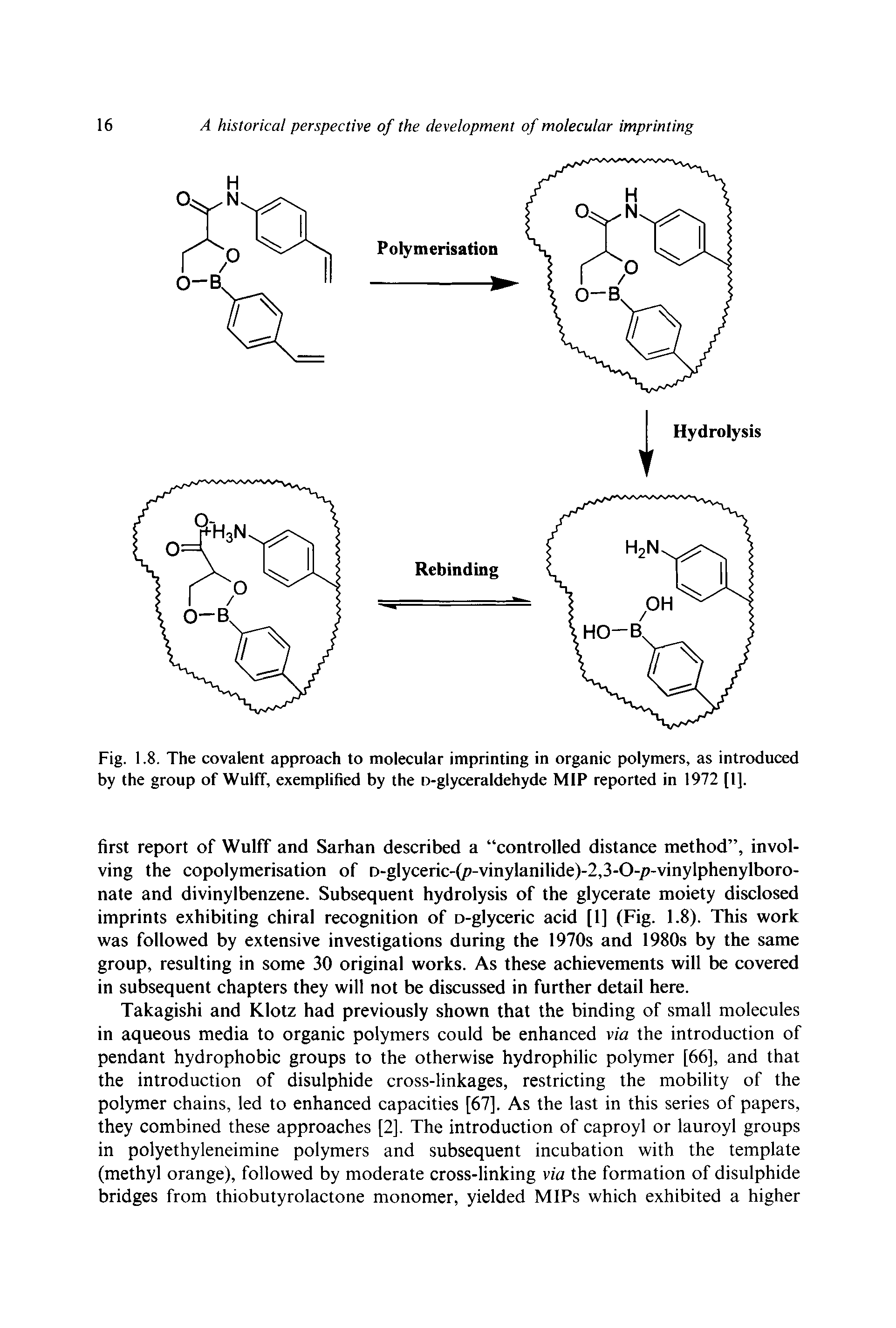 Fig. 1.8. The covalent approach to molecular imprinting in organic polymers, as introduced by the group of Wulff, exemplified by the o-glyceraldehyde MIP reported in 1972 [1],...