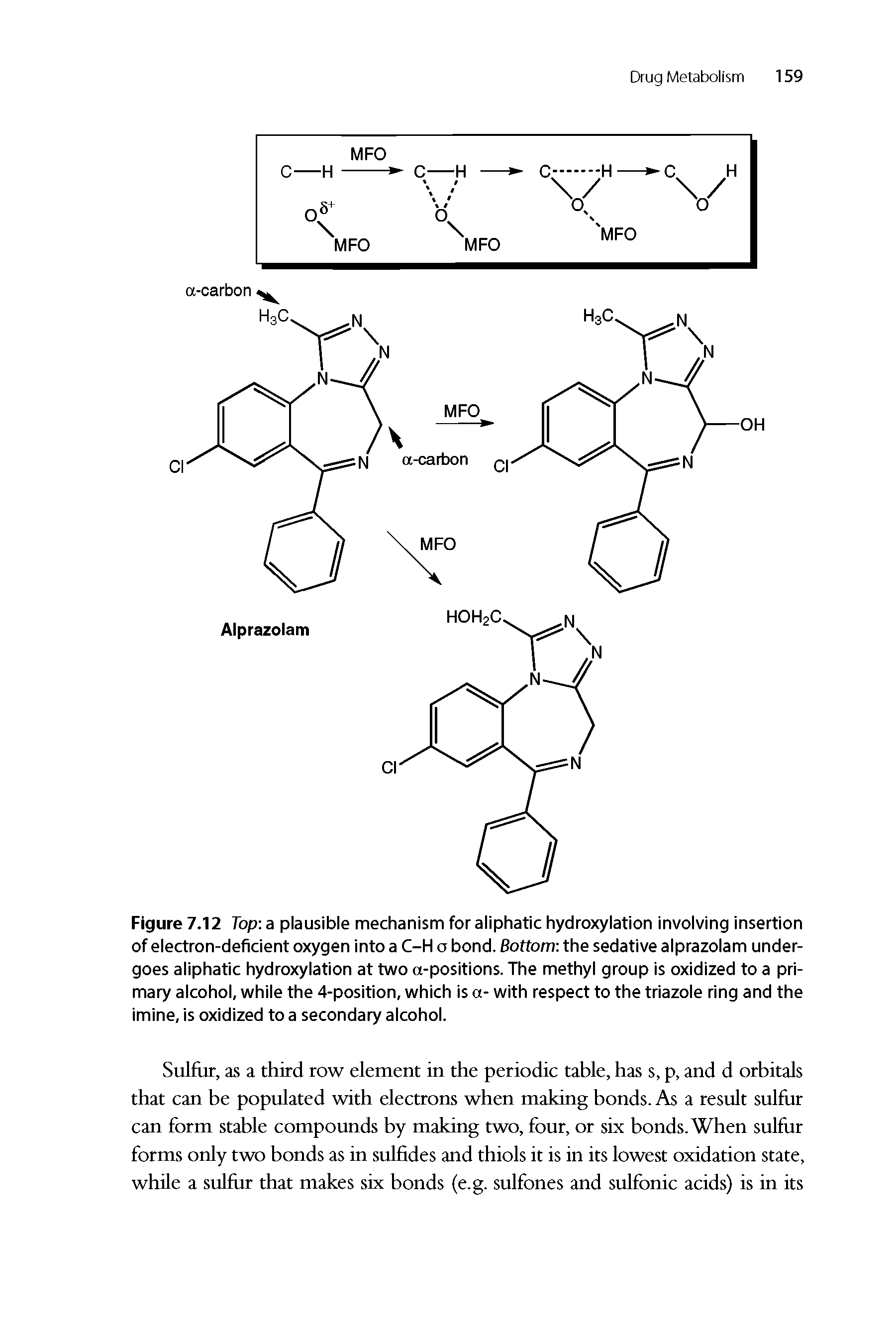 Figure 7.12 Top a plausible mechanism for aliphatic hydroxylation involving insertion of electron-deficient oxygen into a C-H o bond. Bottom the sedative alprazolam undergoes aliphatic hydroxylation at two a-positions. The methyl group is oxidized to a primary alcohol, while the 4-position, which is a- with respect to the triazole ring and the imine, is oxidized to a secondary alcohol.