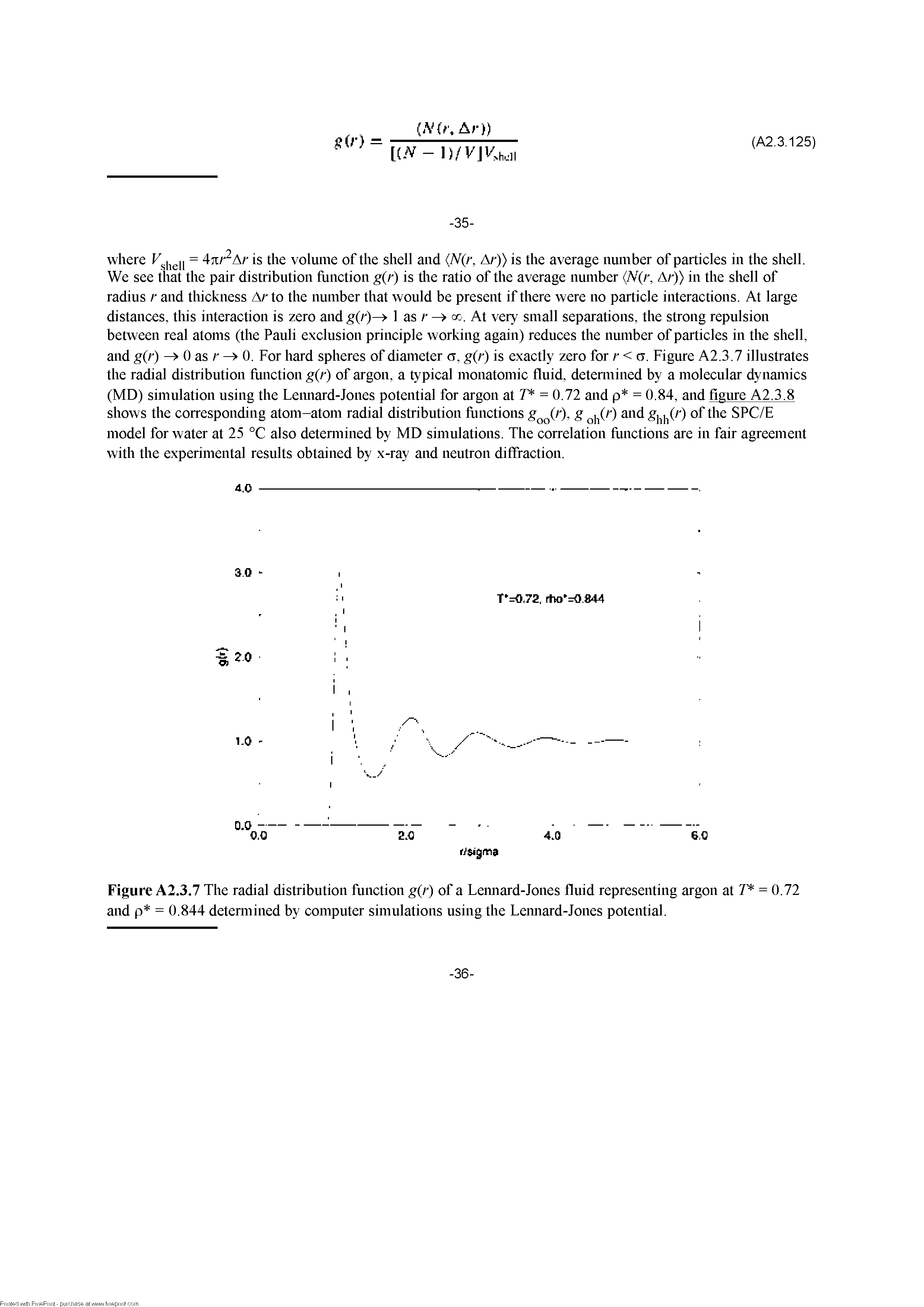 Figure A2.3.7 The radial distribution function g r) of a Lemiard-Jones fluid representing argon at T = 0.72 and p = 0.844 detennined by computer simulations using the Lemiard-Jones potential.