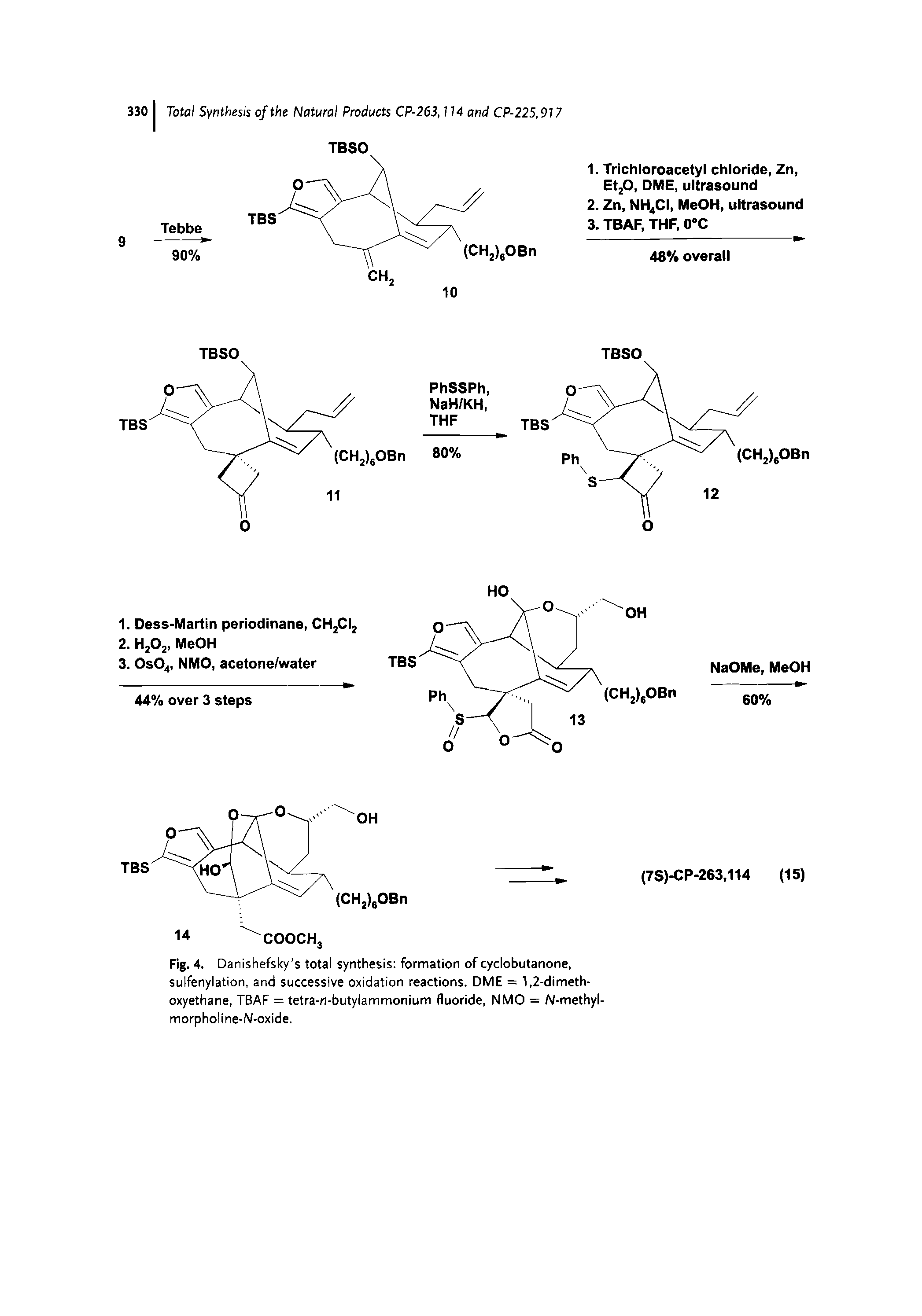 Fig. 4. Danishefsky s total synthesis formation of cyclobutanone, sulfenylation, and successive oxidation reactions. DME = 1,2-dimeth-oxyethane, TBAF = tetra-n-butylammonium fluoride, NMO = A/-methyl-morpholine-N-oxide.