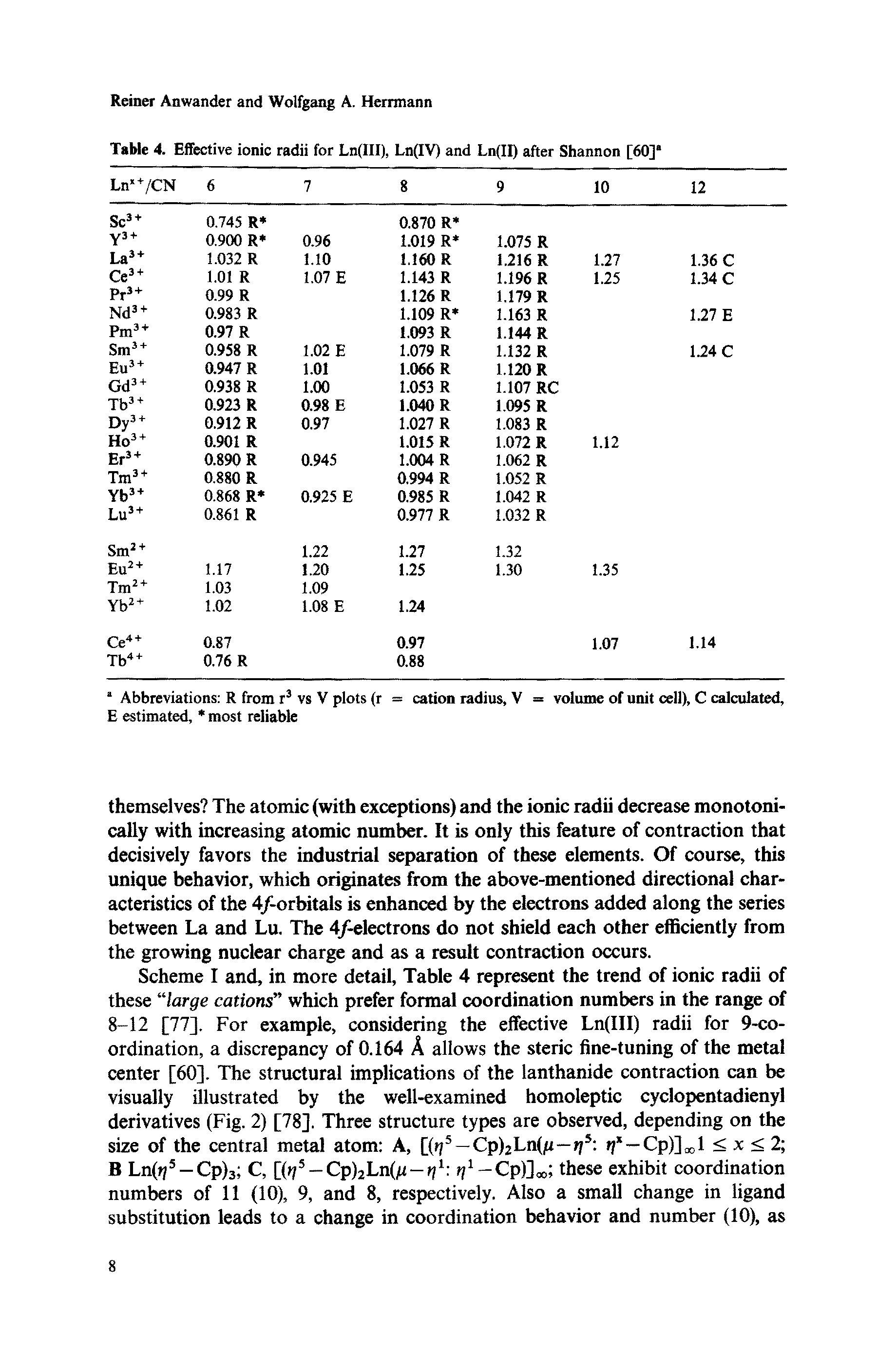 Scheme I and, in more detail, Table 4 represent the trend of ionic radii of these large cations which prefer formal coordination numbers in the range of 8-12 [77]. For example, considering the effective Ln(III) radii for 9-co-ordination, a discrepancy of 0.164 A allows the steric fine-tuning of the metal center [60]. The structural implications of the lanthanide contraction can be visually illustrated by the well-examined homoleptic cyclopentadienyl derivatives (Fig. 2) [78], Three structure types are observed, depending on the size of the central metal atom A, [( j5—Cp)2Ln(ji— 5 rf — Cp)] x, 1 < % < 2 B Ln(fj5 —Cp)3 C, [fo -CpJjLnCi- 1 ff1—Cp)], these exhibit coordination numbers of 11 (10), 9, and 8, respectively. Also a small change in ligand substitution leads to a change in coordination behavior and number (10), as...
