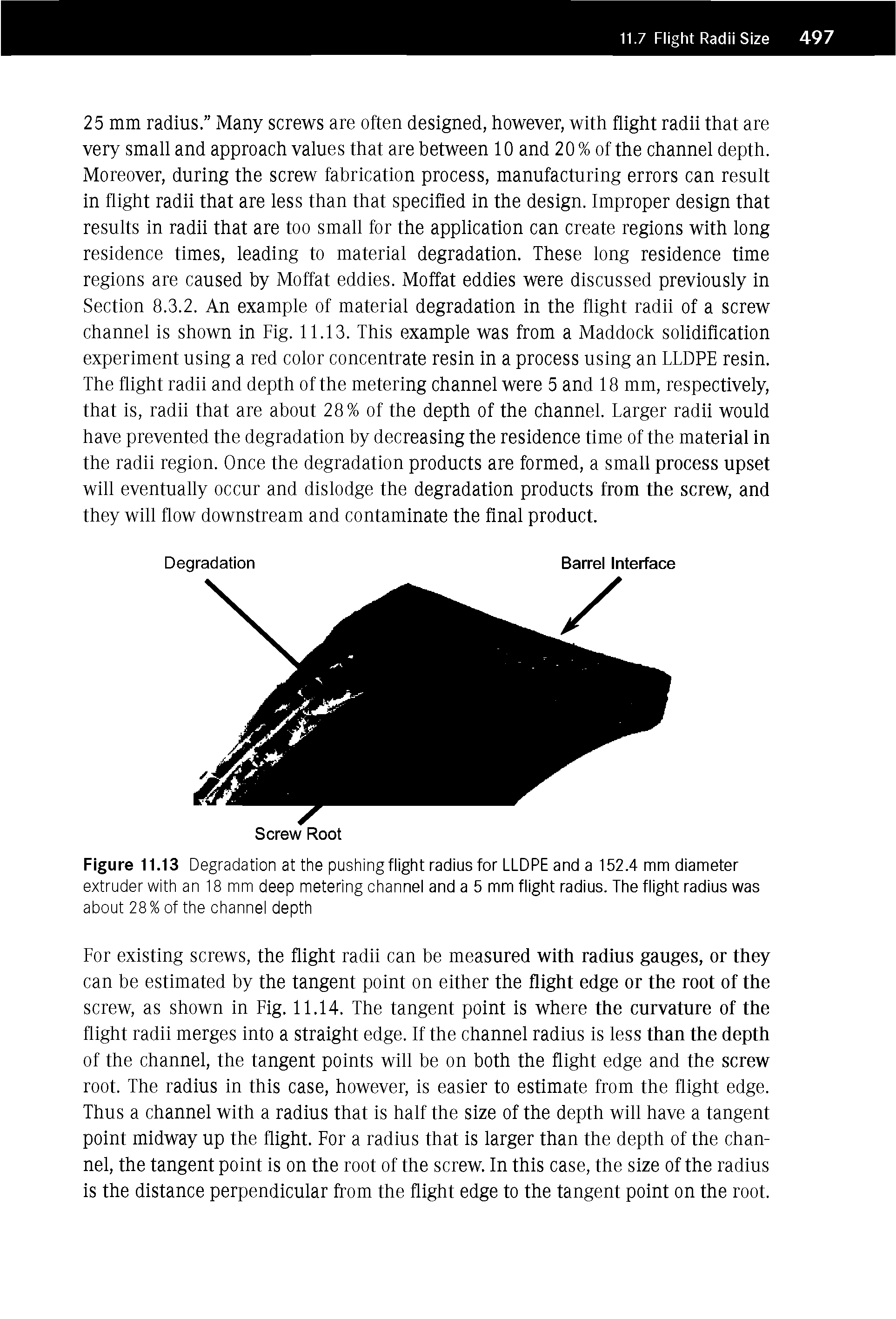 Figure 11.13 Degradation at the pushing flight radius for LLDPE and a 152.4 mm diameter extruder with an 18 mm deep metering channel and a 5 mm flight radius. The flight radius was...