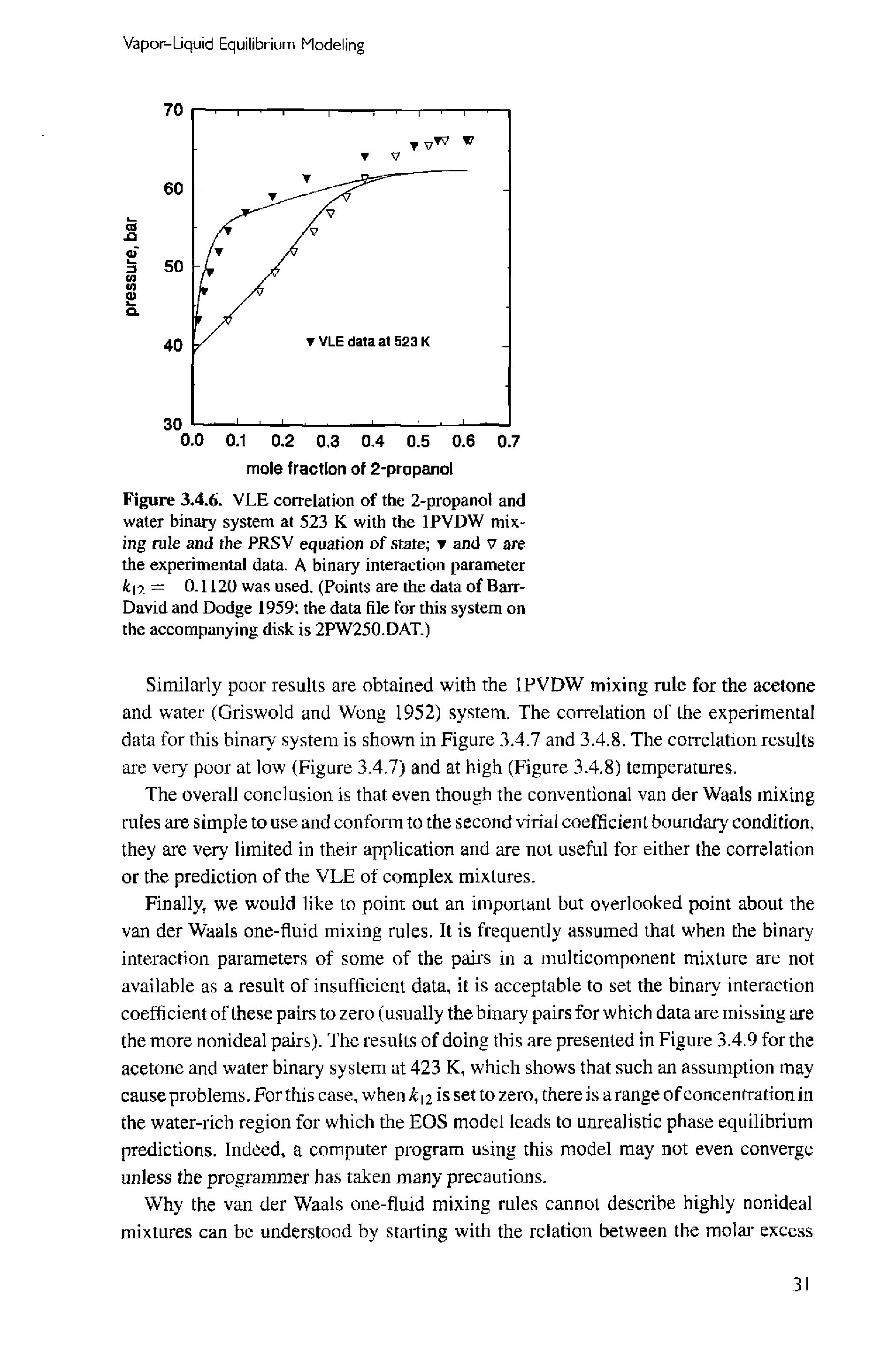 Figure 3.4.6. VLE correlation of the 2-propanot and water binary system at 523 K with the IPVDW mixing rule and the PRS V equation of state and v are the experimental data. A binary interaction parameter fei2 = —0.1120 was used. (Points are the data of Barr-David and Dodge 1959 the data file for this system on the accompanying disk is 2PW250.DAT.)...