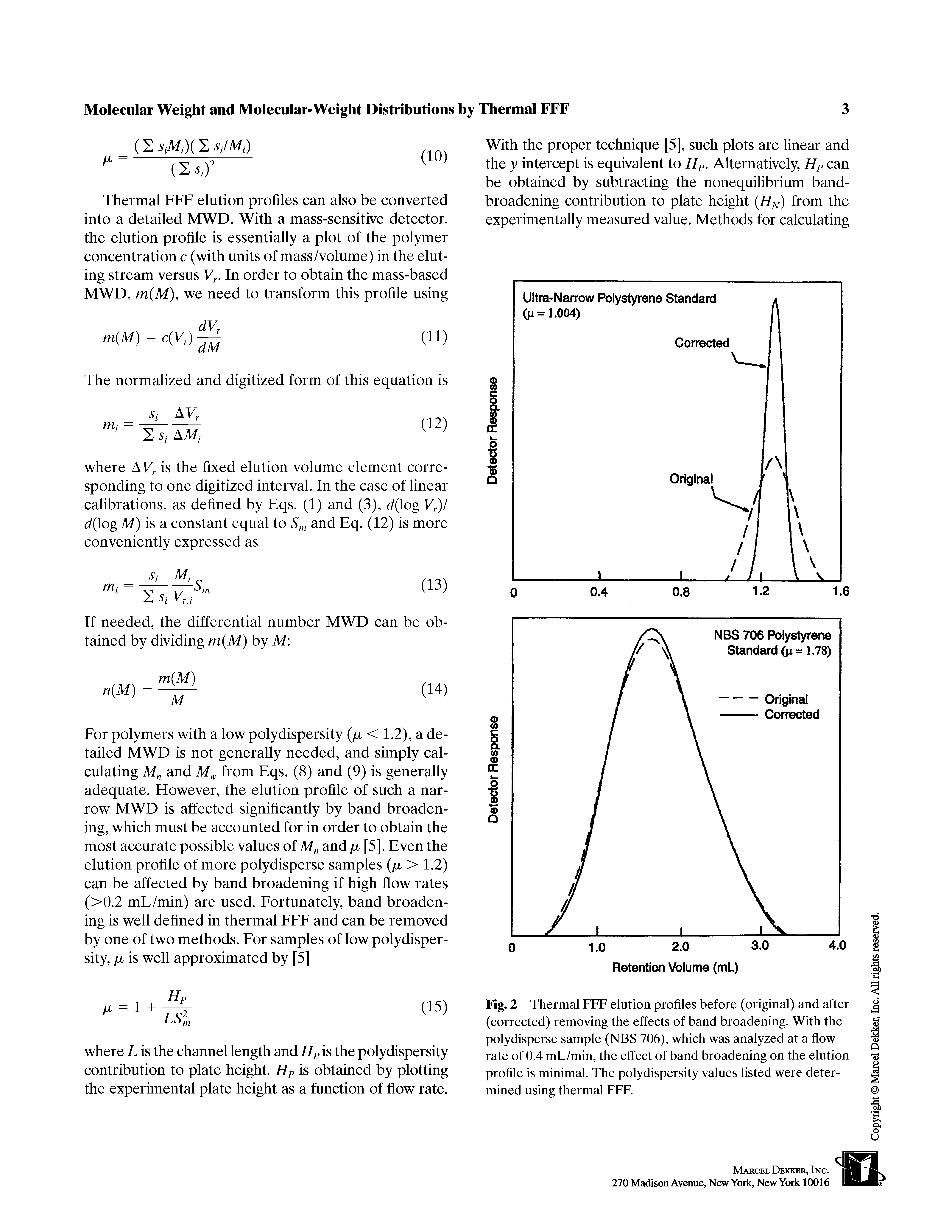 Fig. 2 Thermal FFF elution profiles before (original) and after (corrected) removing the effects of band broadening. With the poly disperse sample (NBS 706), which was analyzed at a flow rate of 0.4 mL/min, the effect of band broadening on the elution profile is minimal. The polydispersity values listed were determined using thermal FFF.