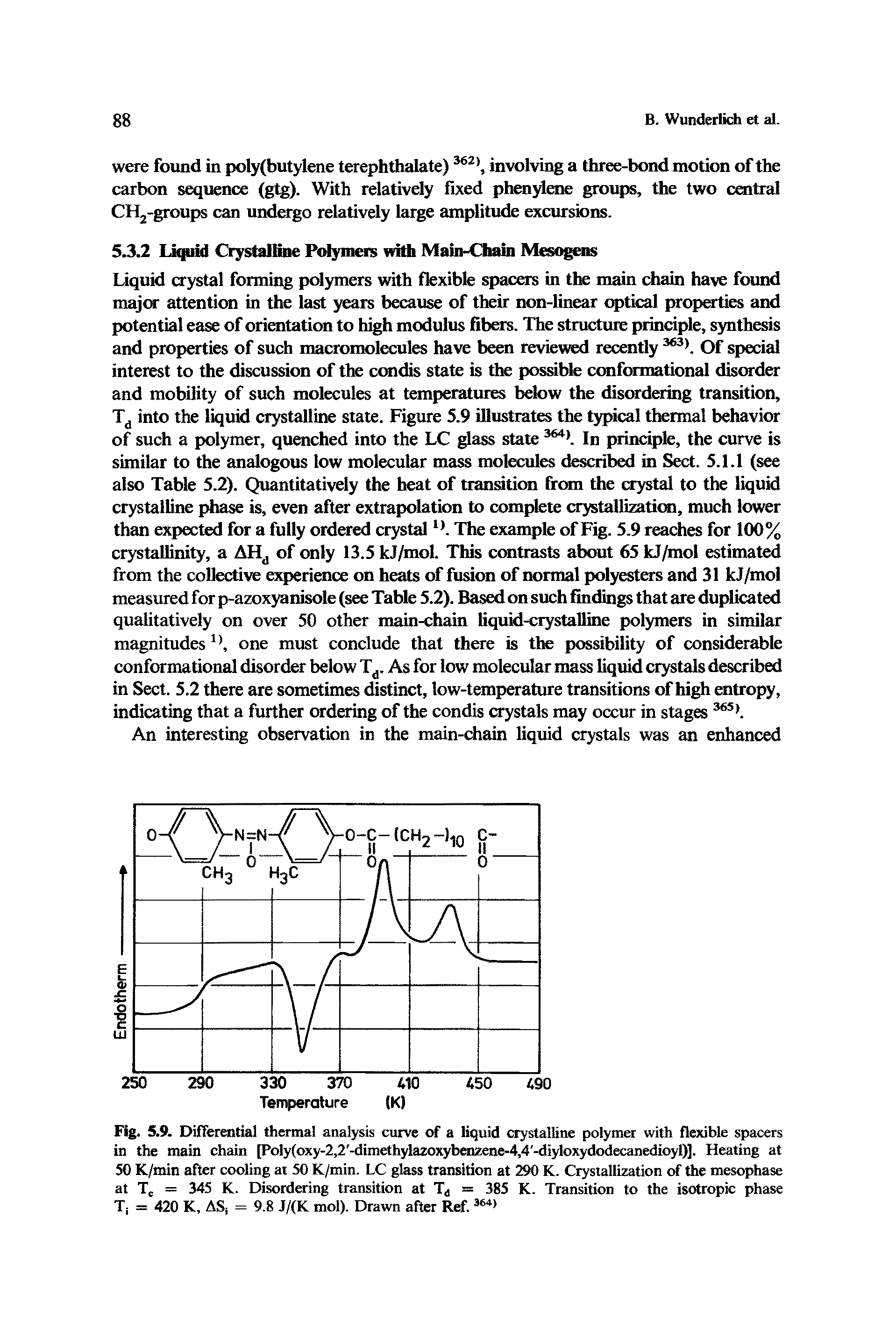 Fig. 5.9. Differential thermal analysis curve of a liquid crystalline polymer with flexible spacers in the main chain IPoiy(oxy-2,2 -dimethylazoxybenzene-4,4 -diyloxydodecanedioyl)]. Heating at 50 K/min after cooling at 50 K/min. LC glass transition at 290 K. Crystallization of the mesophase at T,. = 345 K. Disordering transition at = 385 K. Transition to the isotropic phase Ti = 420 K, ASi = 9.8 J/(K mol). Drawn after Ref.