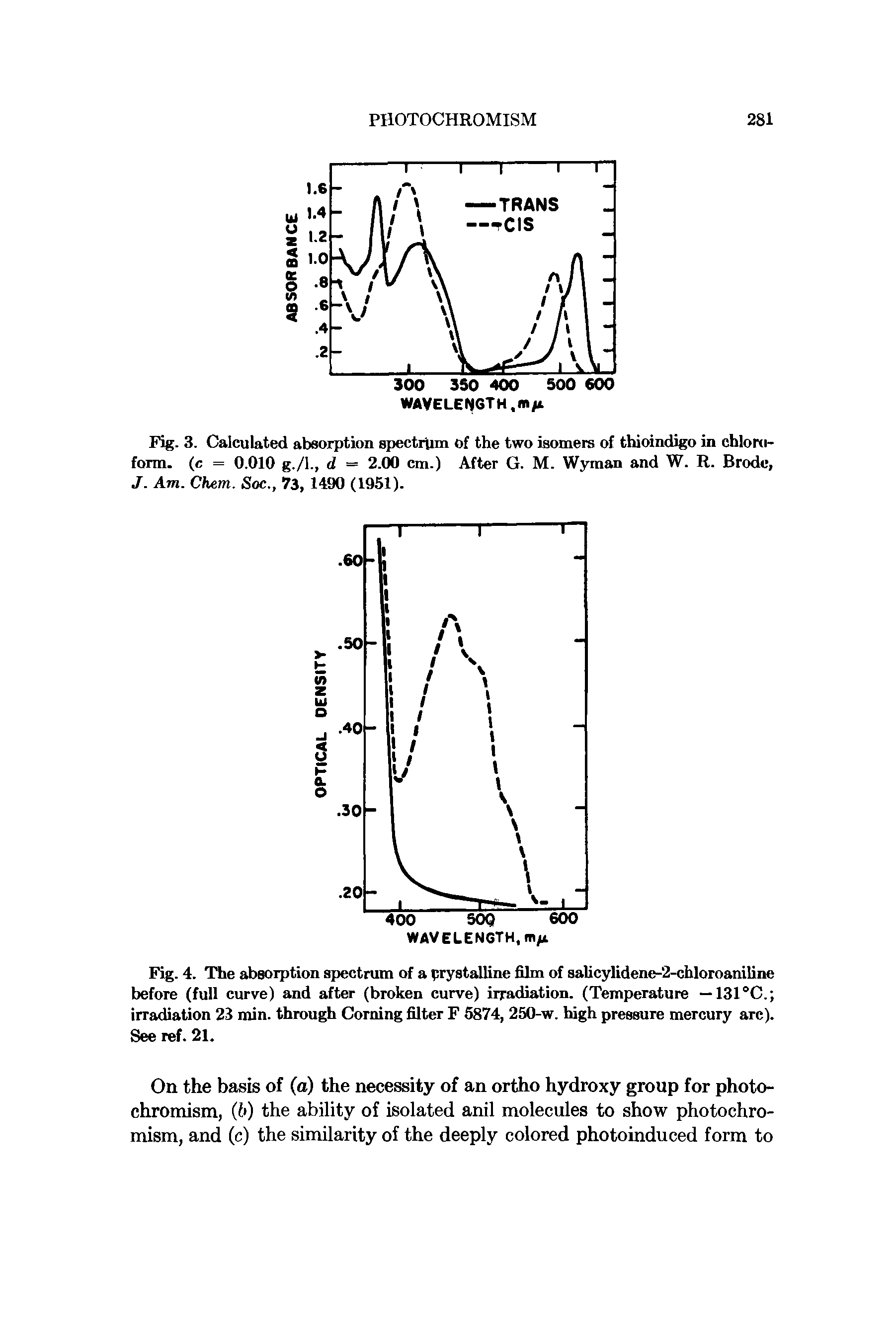 Fig. 4. The absorption spectrum of a crystalline film of salicylidene-2-chloroaniline before (full curve) and after (broken curve) irradiation. (Temperature —131 °C. irradiation 23 min. through Corning filter F 5874, 250-w. high pressure mercury arc). See ref. 21.