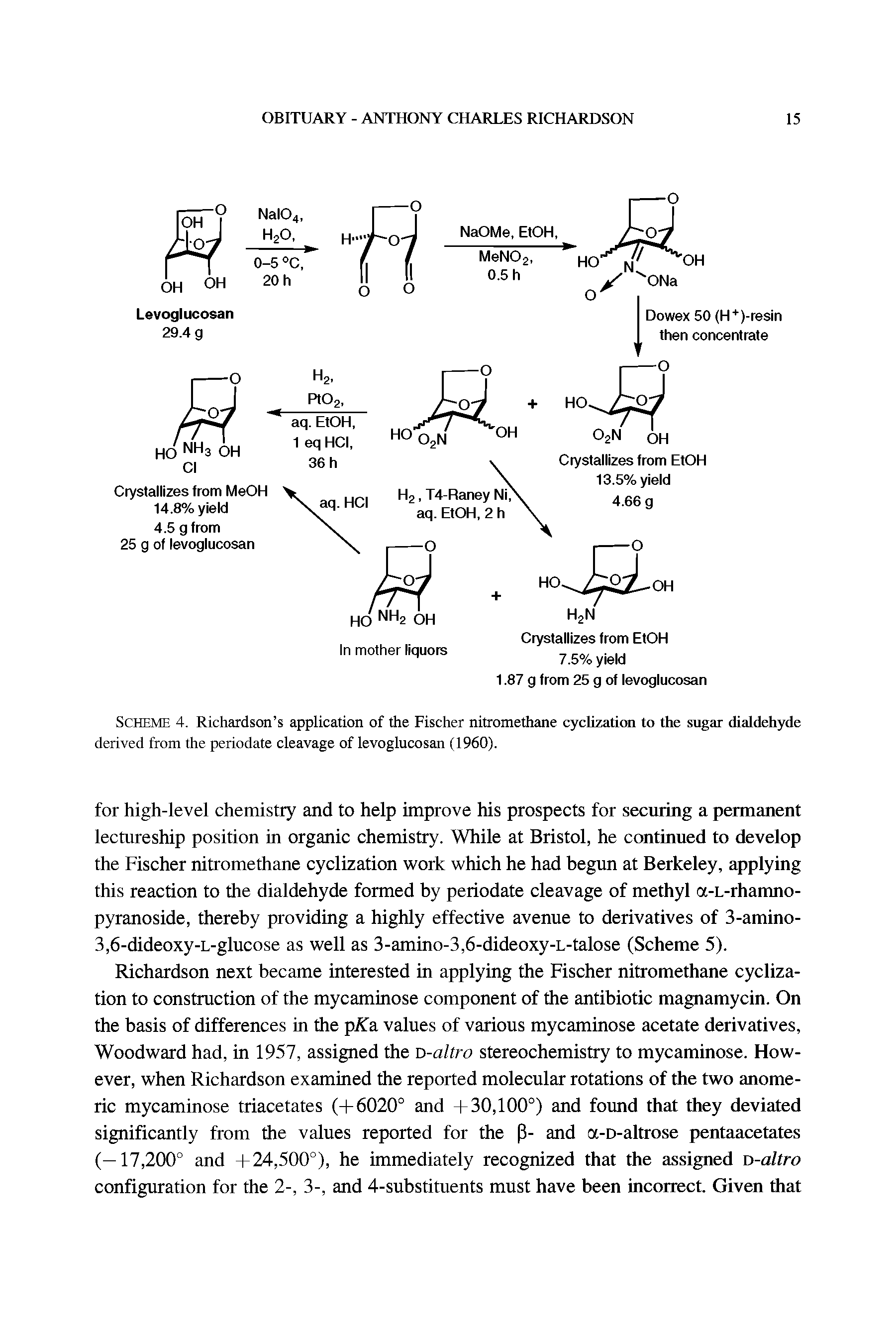 Scheme 4. Richardson s application of the Fischer nitromethane cyclization to the sugar dialdehyde derived from the periodate cleavage of levoglucosan (1960).