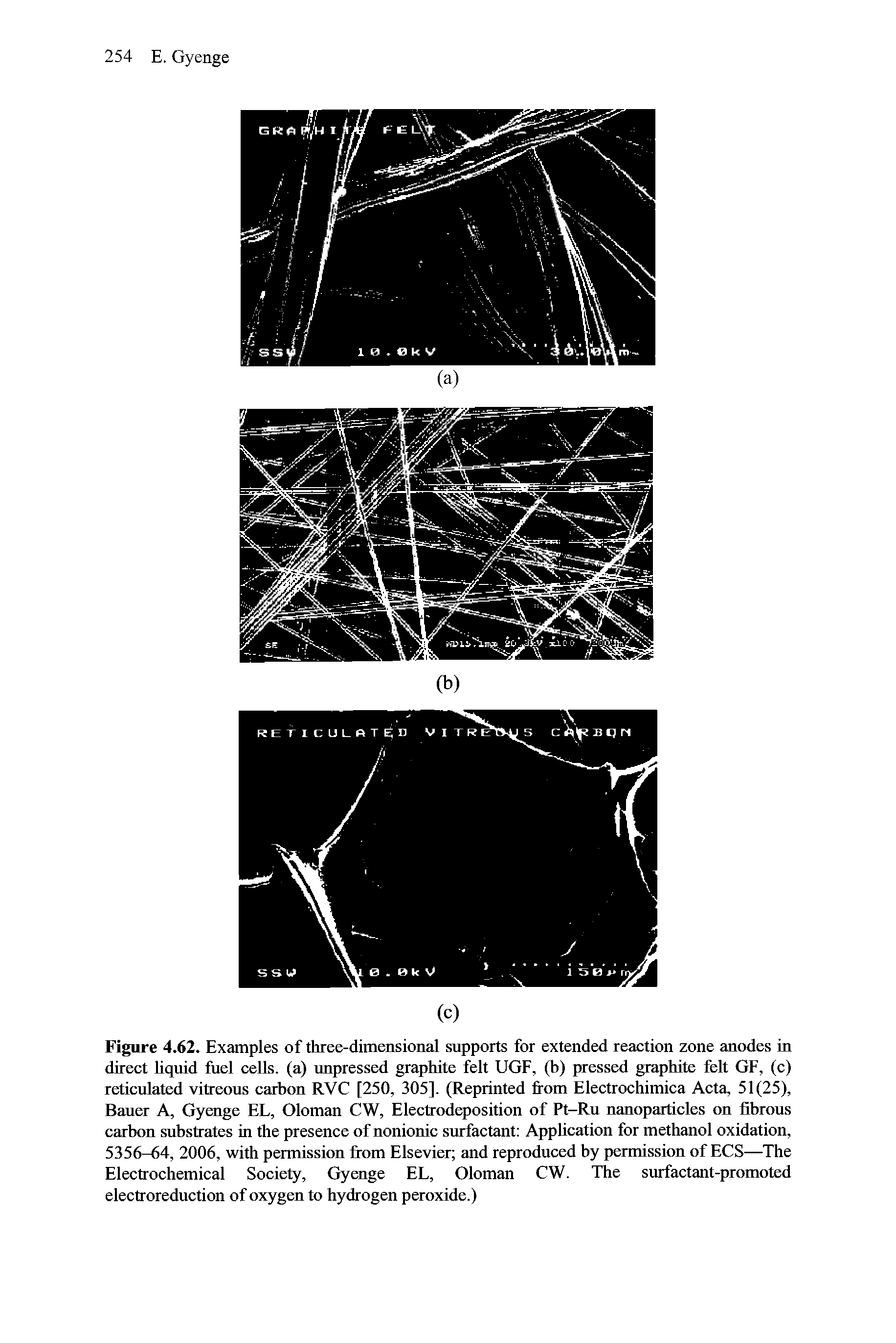 Figure 4.62. Examples of three-dimensional supports for extended reaction zone anodes in direct liquid fuel cells, (a) unpressed graphite felt UGF, (h) pressed graphite felt GF, (c) reticulated vitreous earhon RVC [250, 305]. (Reprinted from Electrochimica Acta, 51(25), Bauer A, Gyenge EL, Oloman CW, Eleetrodeposition of Pt-Ru nanoparticles on fibrous carbon substrates in the presence of nonionie surfactant Apphcation for methanol oxidation, 5356-64, 2006, with permission from Elsevier, and reproduced by permission of ECS— The Electrochemical Society, Gyenge EL, Oloman CW. The surfactant-promoted electroreduction of oxygen to hydrogen peroxide.)...
