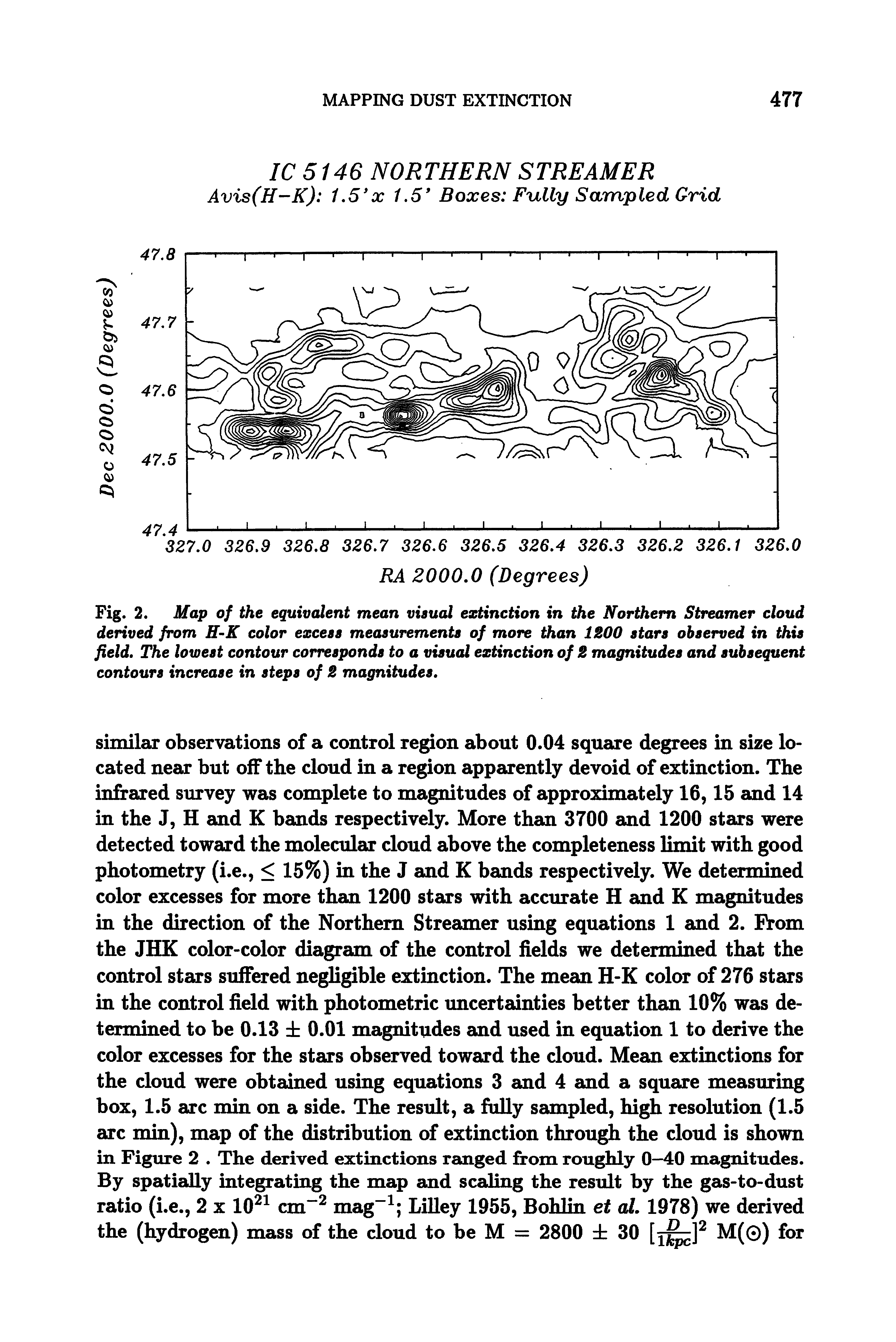 Fig. 2. Map of the equivalent mean visual extinction in the Northern Streamer cloud derived from H-K color excess measurements of more than 1200 stars observed in this field. The lowest contour corresponds to a visual extinction of 2 magnitudes and subsequent contours increase in steps of 2 magnitudes.