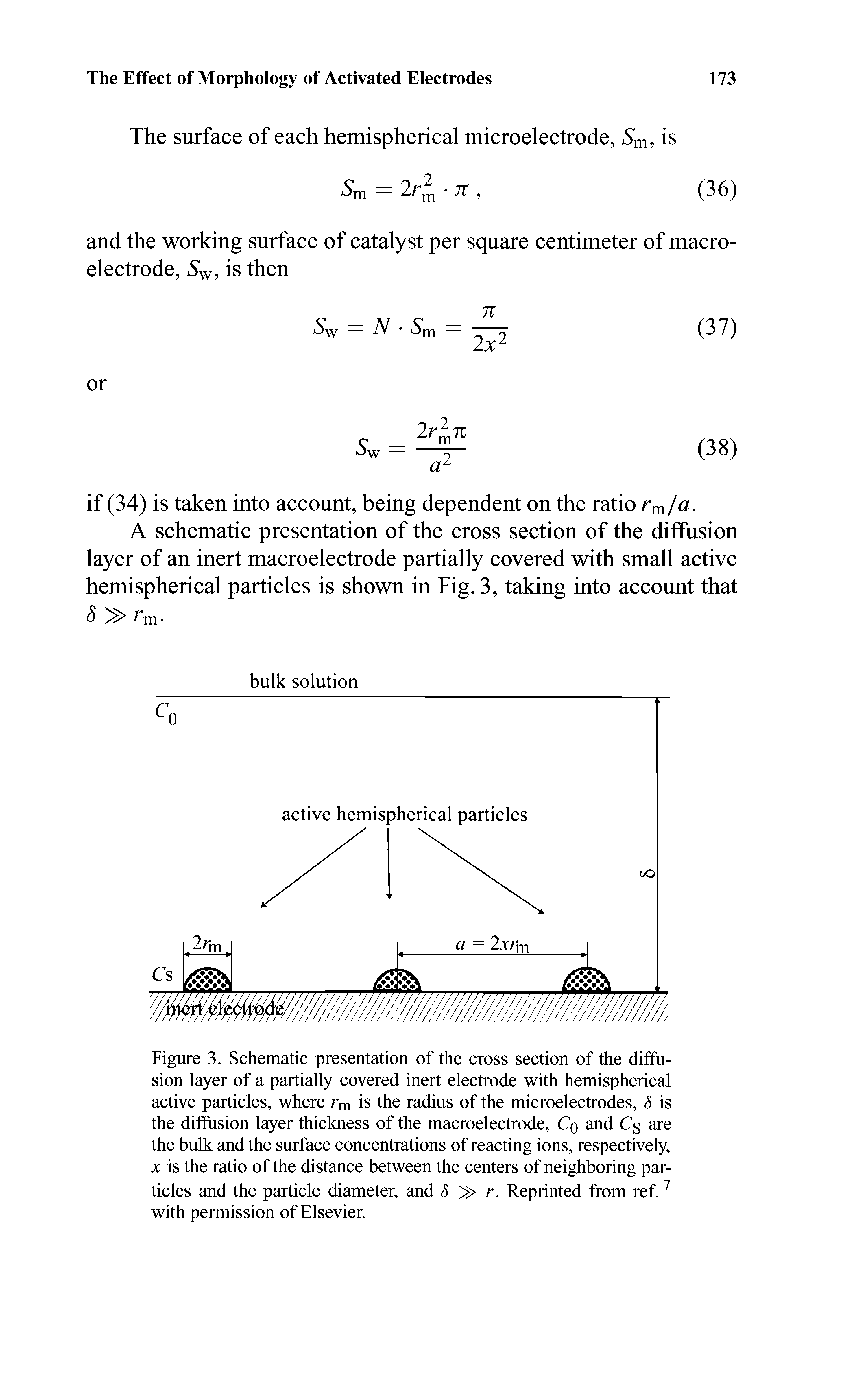 Figure 3. Schematic presentation of the cross section of the diffusion layer of a partially covered inert electrode with hemispherical active particles, where rm is the radius of the microelectrodes, 8 is the diffusion layer thickness of the macroelectrode, Cq and C are the bulk and the surface concentrations of reacting ions, respectively, x is the ratio of the distance between the centers of neighboring particles and the particle diameter, and 8 > r. Reprinted from ref.7 with permission of Elsevier.