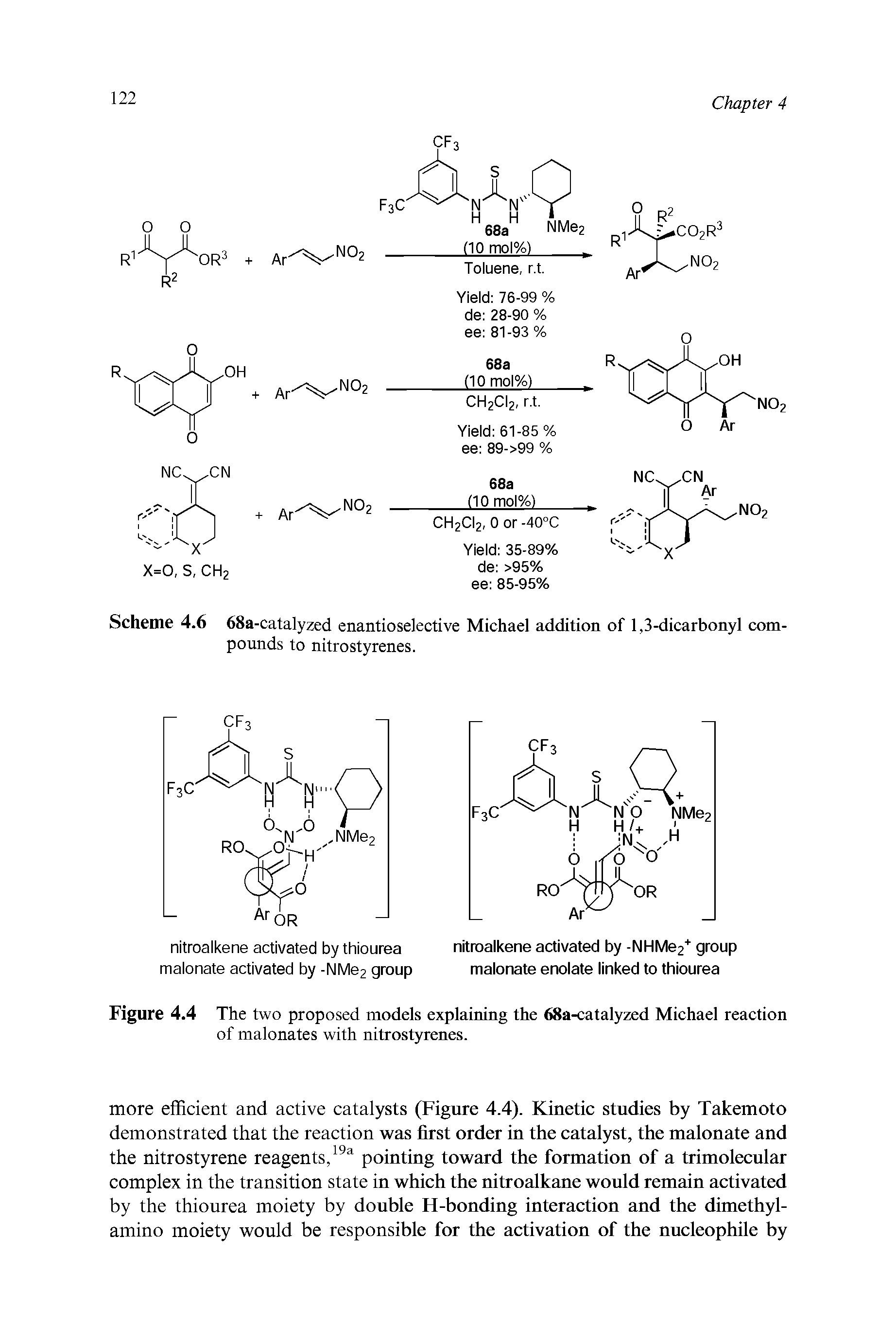 Figure 4.4 The two proposed models explaining the 68a-catalyzed Michael reaction of malonates with nitrostyrenes.