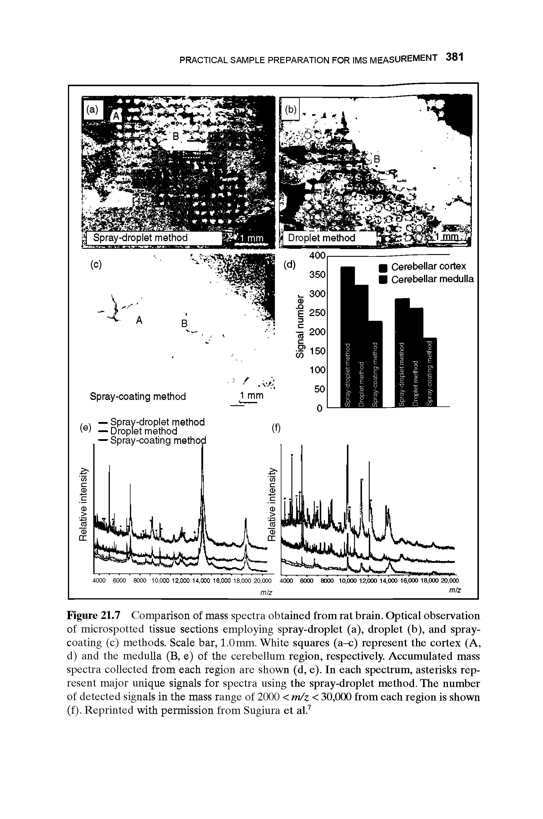 Figure 21.7 Comparison of mass spectra obtained from rat brain. Optical observation of microspotted tissue sections employing spray-droplet (a), droplet (b), and spraycoating (c) methods. Scale bar, 1.0 mm. White squares (a-c) represent the cortex (A, d) and the medulla (B, e) of the cerebellum region, respectively. Accumulated mass spectra collected from each region are shown (d, e). In each spectrum, asterisks represent major unique signals for spectra using the spray-droplet method. The number of detected signals in the mass range of 2000 < m/z < 30,000 from each region is shown (f). Reprinted with permission from Sugiura et al.7...