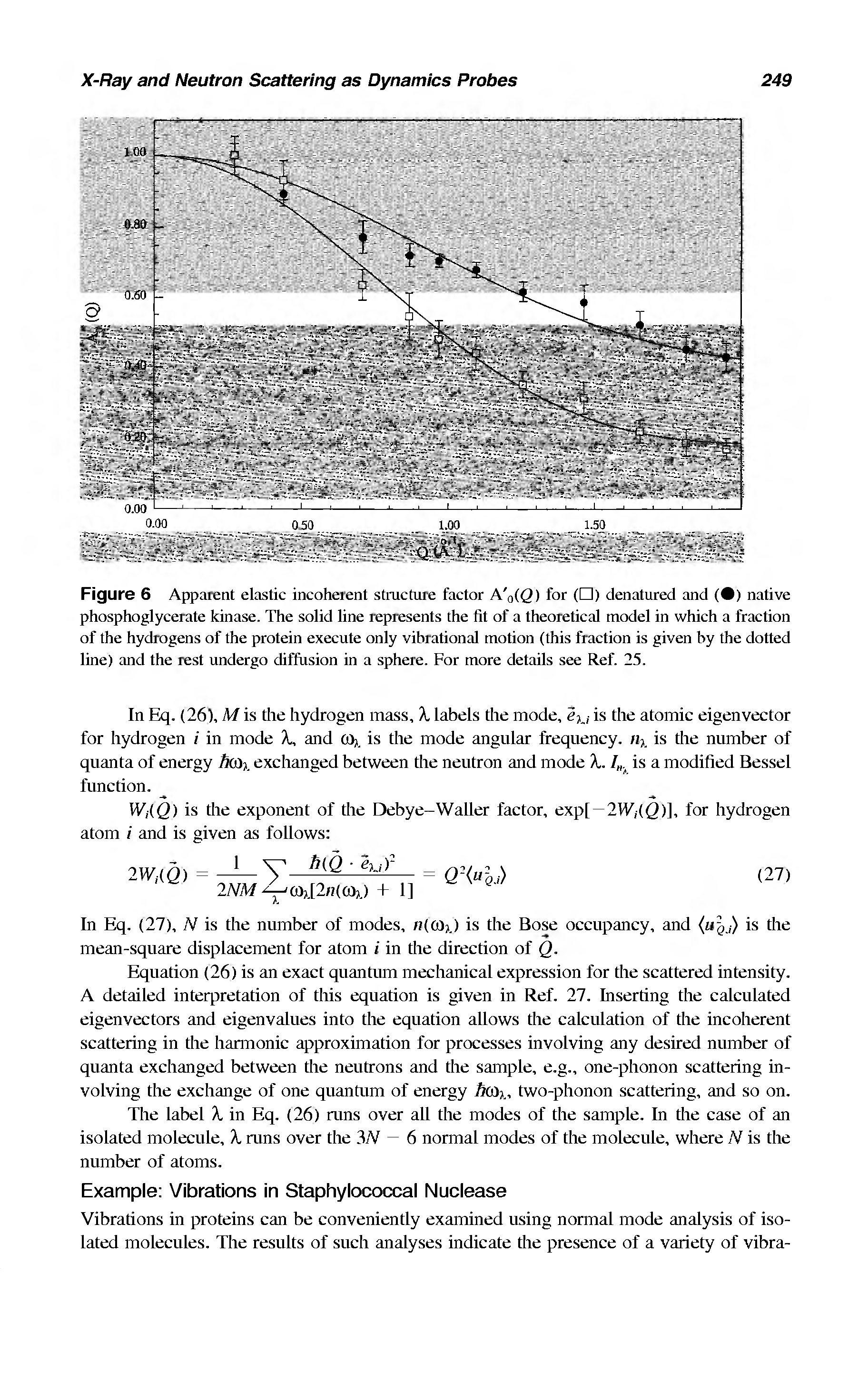 Figure 6 Apparent elastic incoherent structure factor A q(Q) for ( ) denatured and ( ) native phosphoglycerate kinase. The solid line represents the fit of a theoretical model in which a fraction of the hydrogens of the protein execute only vihrational motion (this fraction is given by the dotted line) and the rest undergo diffusion in a sphere. For more details see Ref. 25.