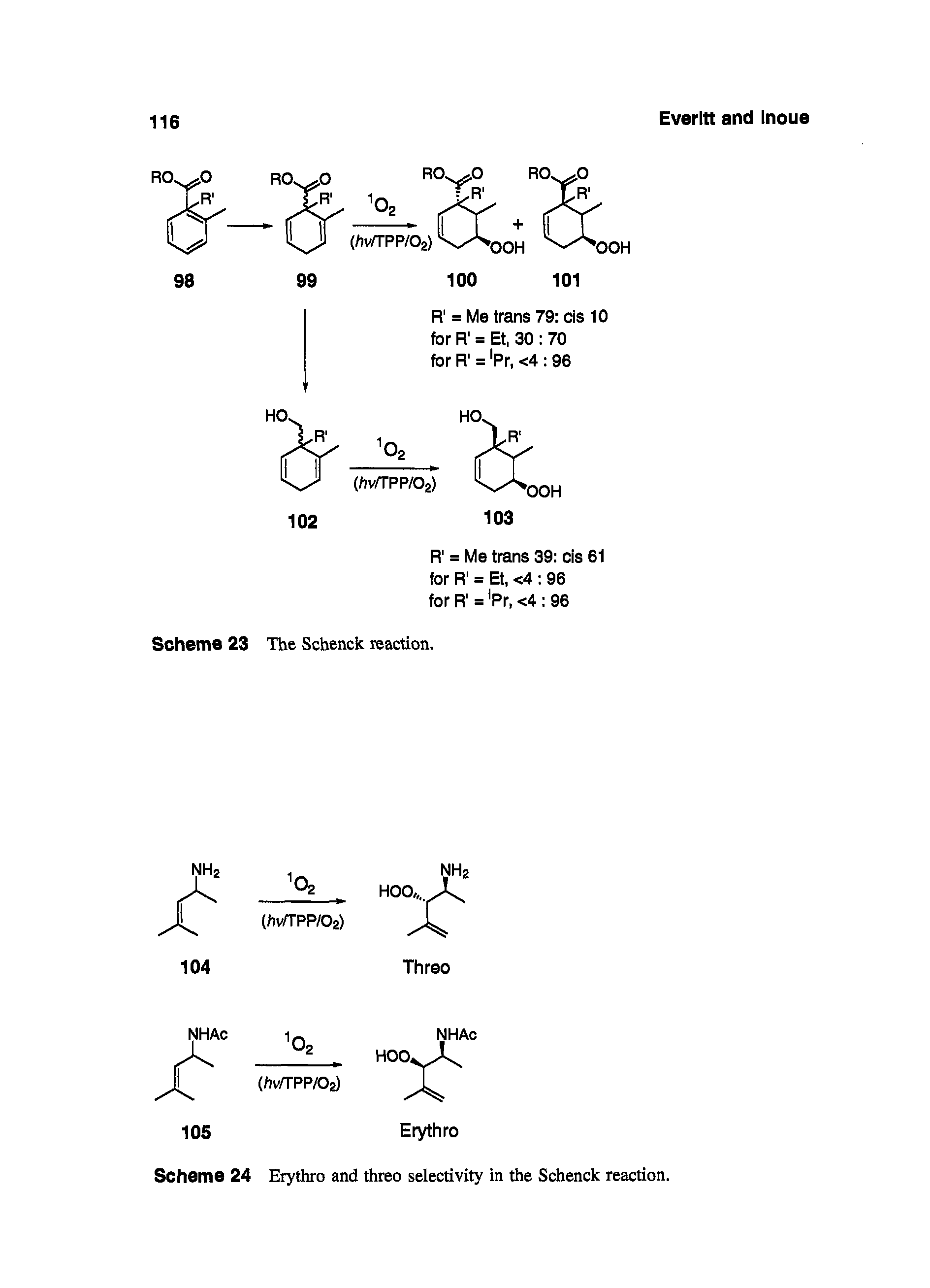 Scheme 24 Erythro and threo selectivity in the Schenck reaction.