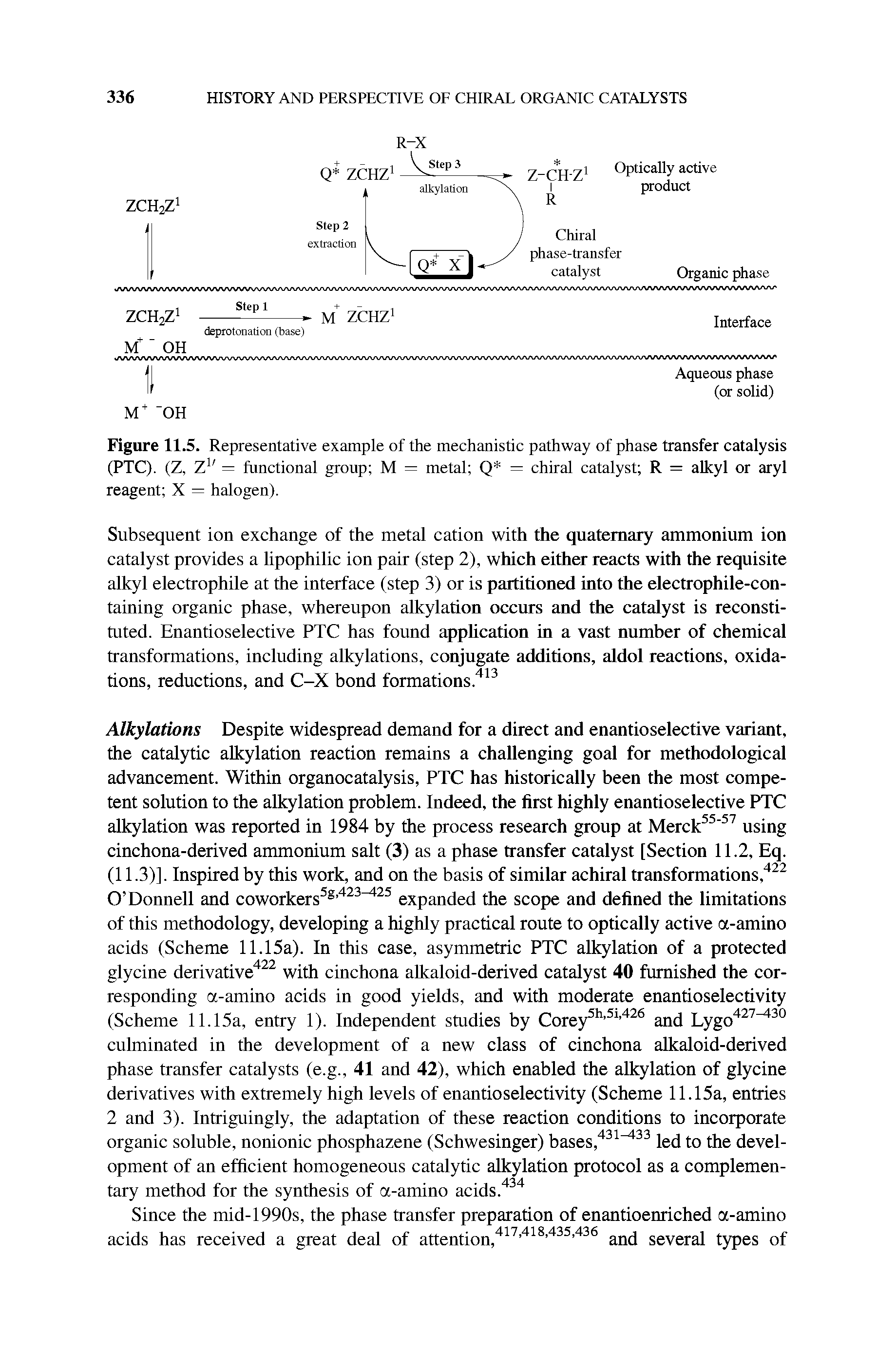 Figure 11.5. Representative example of the mechanistic pathway of phase transfer catalysis (PTC). (Z, Z — functional group M = metal Q = chiral catalyst R = alkyl or aryl reagent X = halogen).