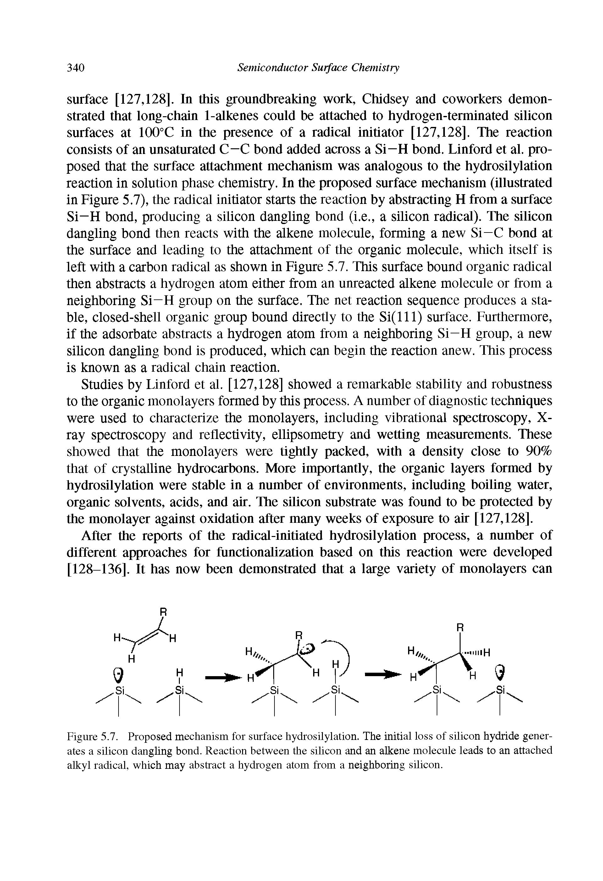 Figure 5.7. Proposed mechanism for surface hydrosilylation. The initial loss of silicon hydride generates a silicon dangling bond. Reaction between the silicon and an alkene molecule leads to an attached alkyl radical, which may abstract a hydrogen atom from a neighboring silicon.