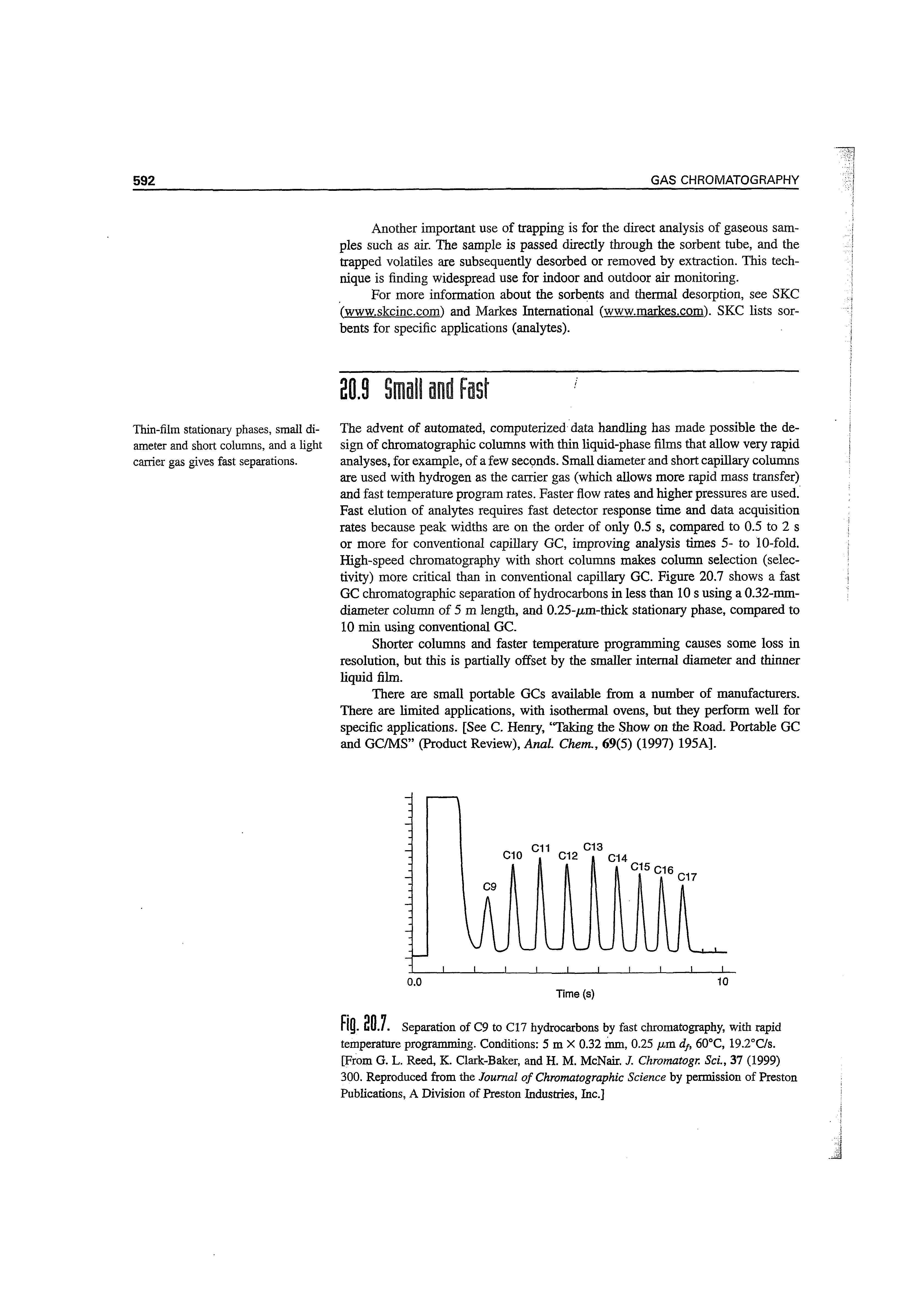 Fig. 20.7. Separation of C9 to C17 hydrocarbons by fast chromatography, with rapid temperature programming. Conditions 5 m X 0.32 mm, 0.25 tm d/, 60°C, 19.2°C/s. [From G. L. Reed, K. Clark-Baker, and H. M. McNair. J. Chromatogr. ScL, 37 (1999) 300. Reproduced from the Journal of Chromatographic Science by permission of Preston Publications, A Division of Preston Industries, Inc.]...