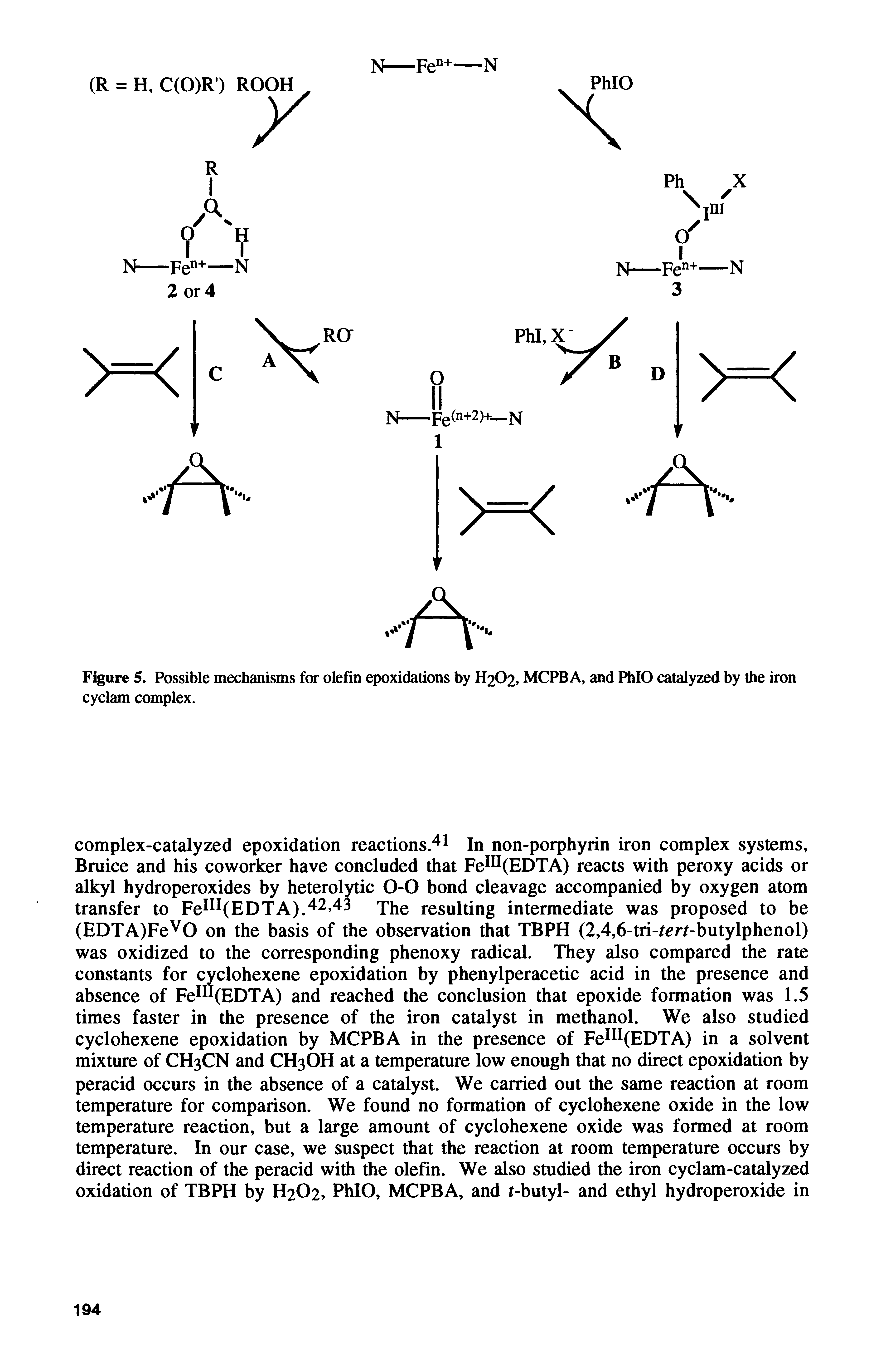 Figure 5. Possible mechanisms for olefin epoxidations by H2O2, MCPB A, and PhIO catalyzed by the iron cyclam complex.