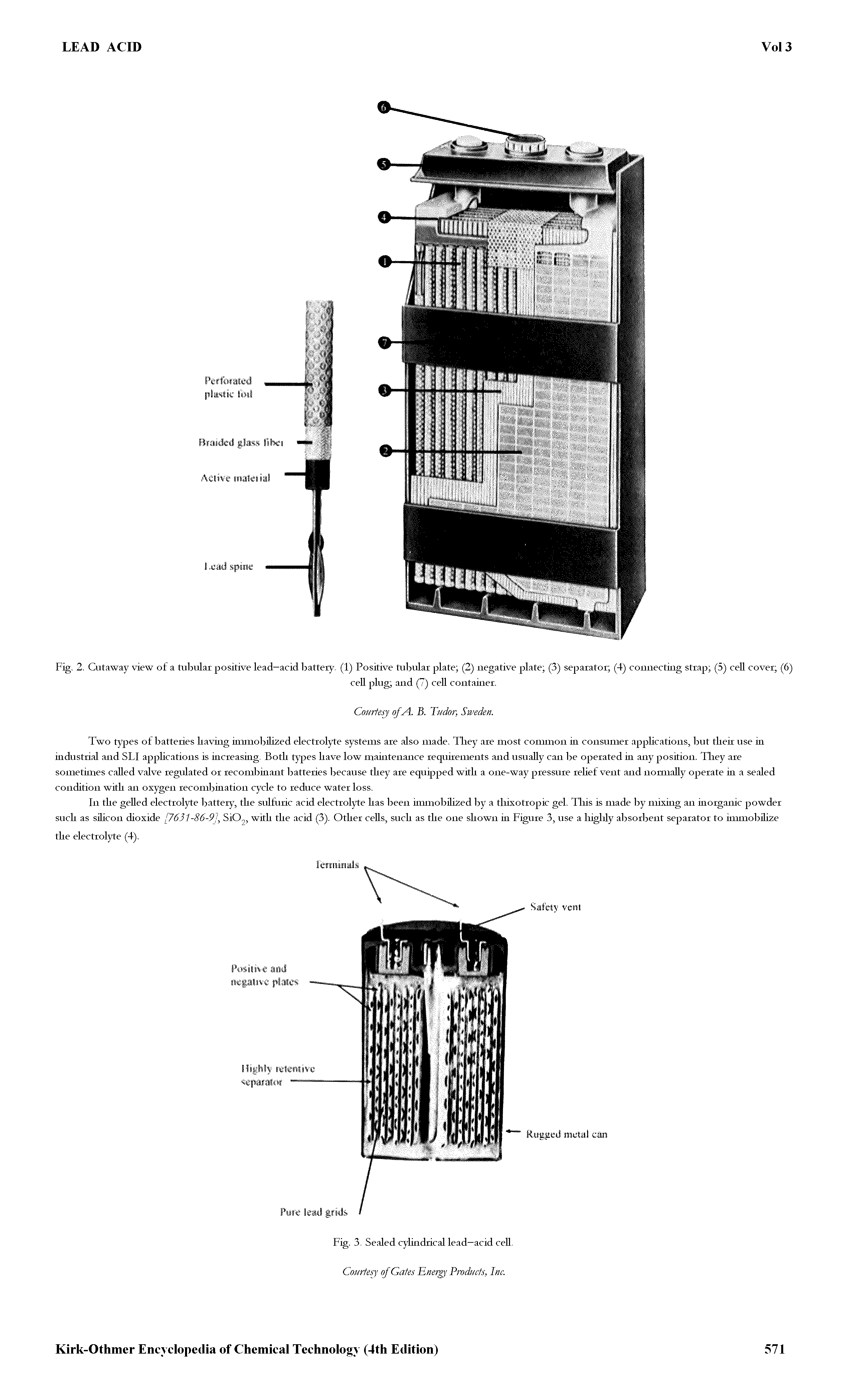 Fig. 2. Cutaway view of a tubular positive lead—acid battery, (1) Positive tubular plate (2) iiegatwe plate (3) separator (4) connecting strap (5) ceU cover (6)...