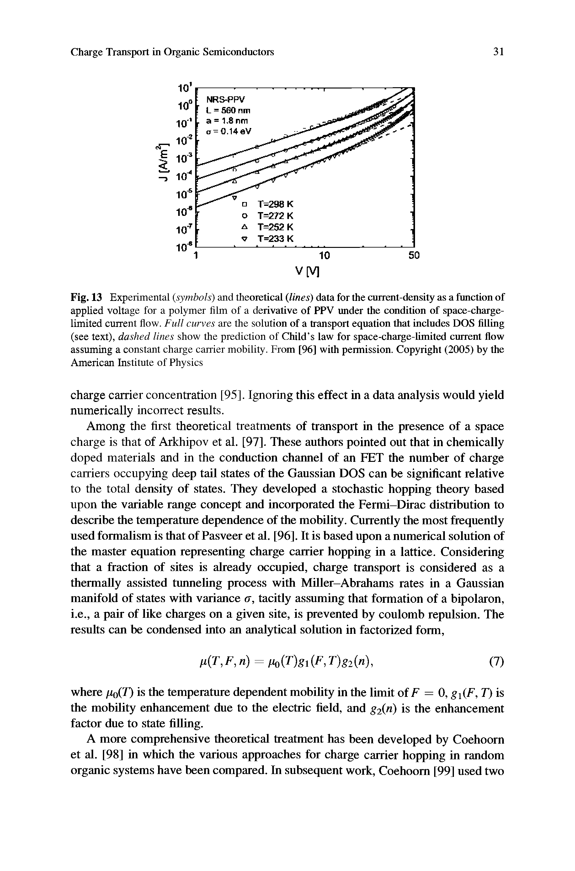 Fig. 13 Experimental (symbols) and theoretical (lines) data for the current-density as a function of applied voltage for a polymer film of a derivative of PPV under the condition of space-charge-limited current flow. Full curves are the solution of a transport equation that includes DOS filling (see text), dashed lines show the prediction of Child s law for space-charge-limited current flow assuming a constant charge carrier mobility. From [96] with permission. Copyright (2005) by the American Institute of Physics...