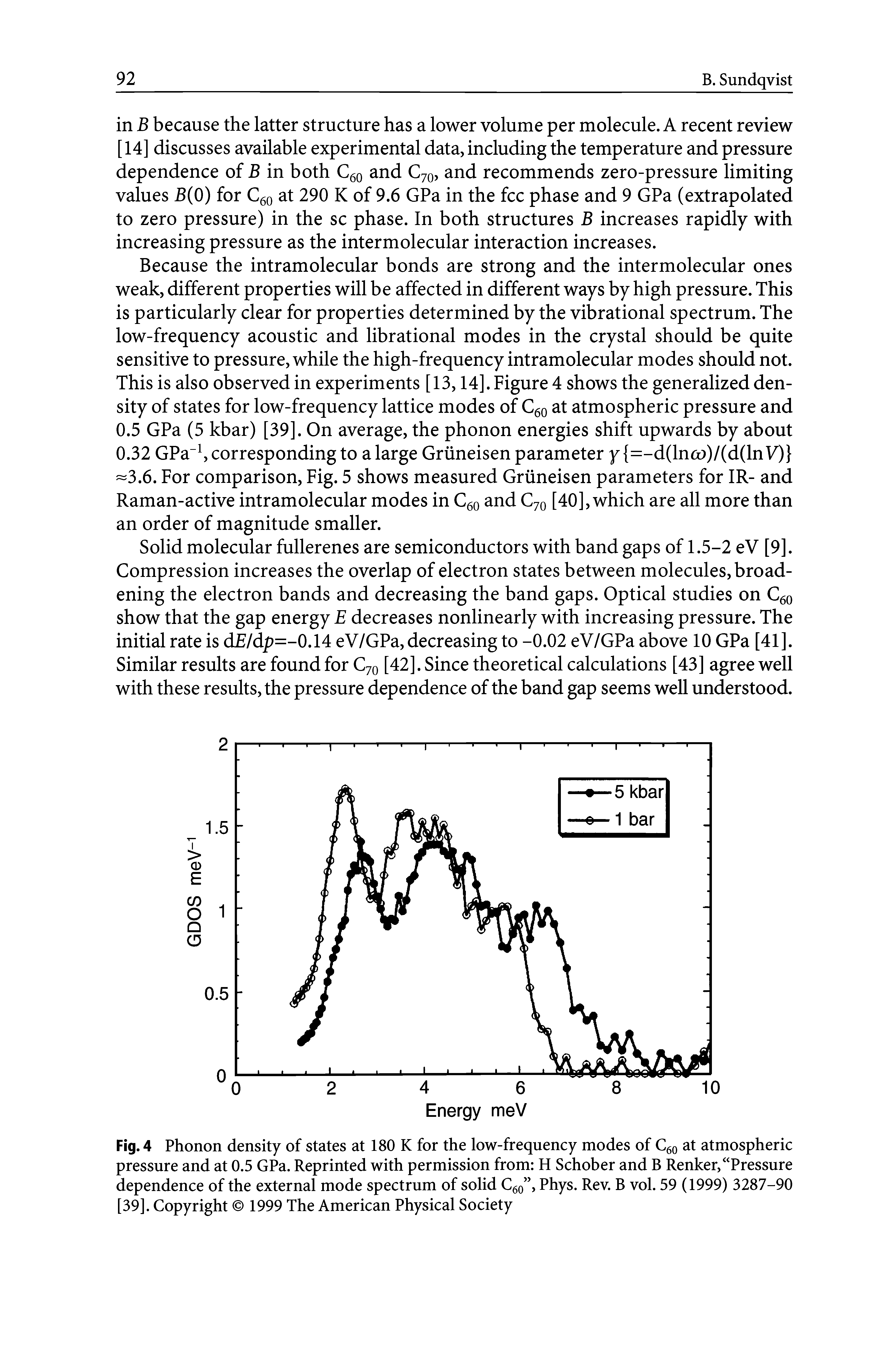 Fig. 4 Phonon density of states at 180 K for the low-frequency modes of C60 at atmospheric pressure and at 0.5 GPa. Reprinted with permission from H Schober and B Renker, Pressure dependence of the external mode spectrum of solid C60 , Phys. Rev. B vol. 59 (1999) 3287-90 [39]. Copyright 1999 The American Physical Society...