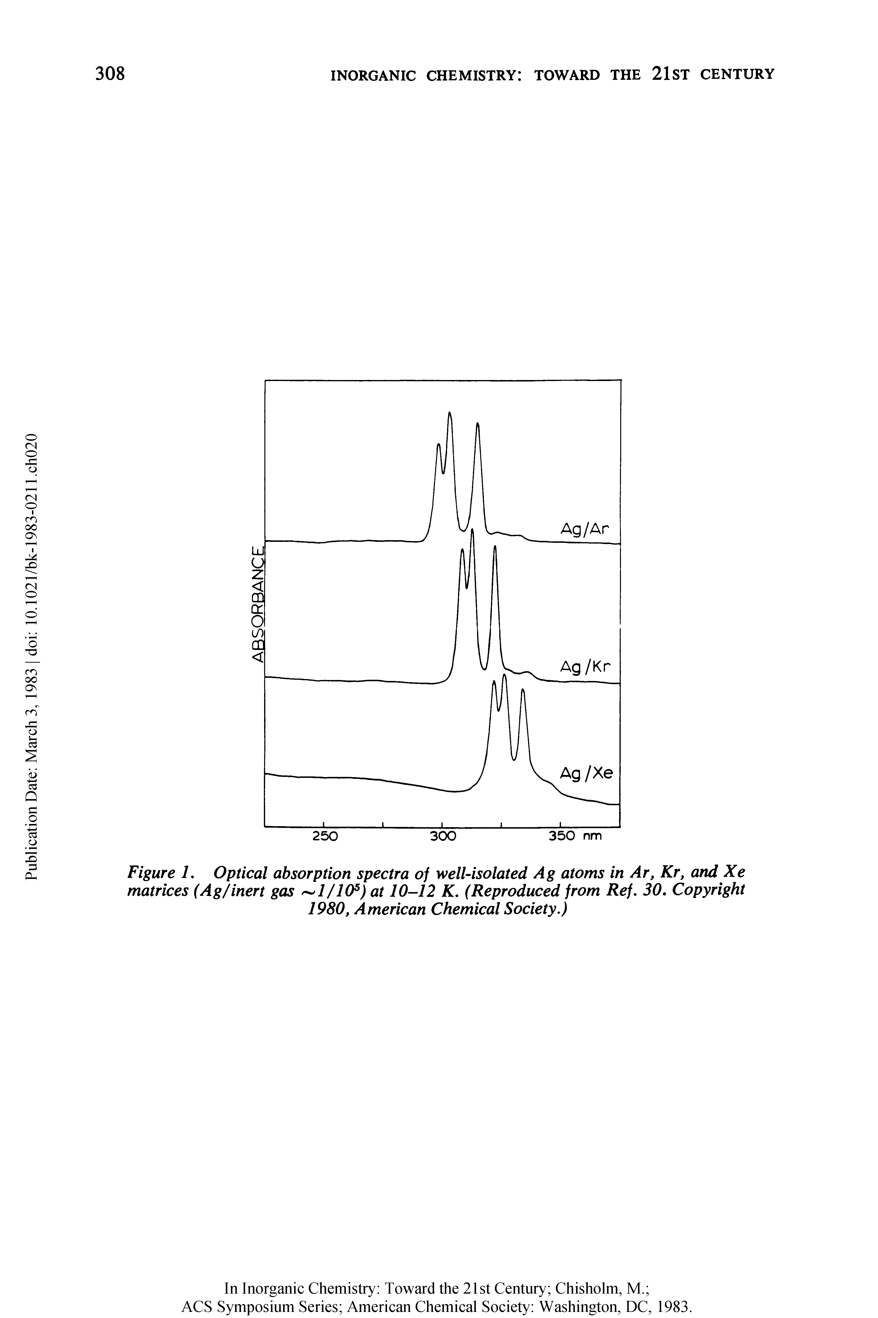 Figure L Optical absorption spectra of well-isolated Ag atoms in Ar, Kr, and Xe matrices (Ag/inert gas 1/105) at 10-12 K. (Reproduced from Ref. 30. Copyright 1980, American Chemical Society.)...