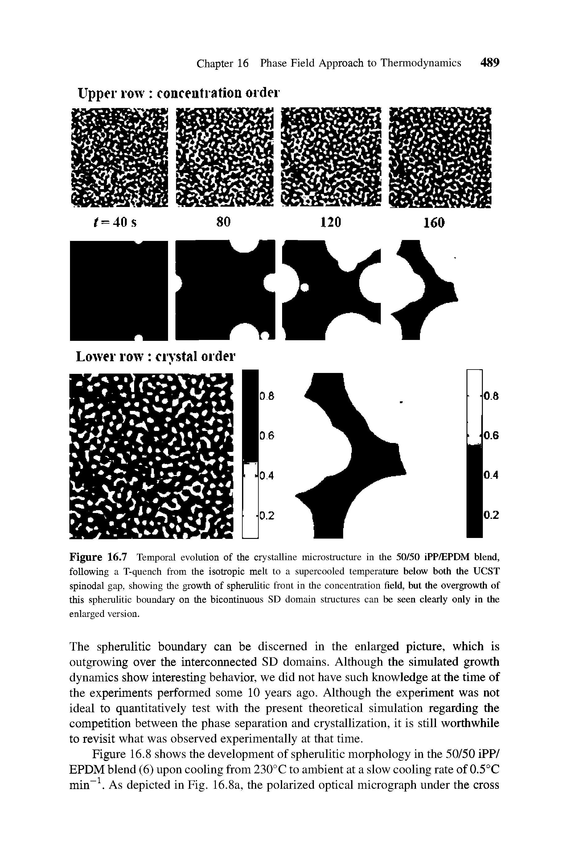Figure 16.7 Temporal evolution of the crystalline microstructure in the 50/50 iPP/EPDM blend, following a T-quench from the isotropic melt to a supercooled temperature below both the UCST spinodal gap, showing the growth of spherulitic front in the concentration field, but the overgrowth of this spherulitic boundary on the bicontinuous SD domain structures can be seen clearly only in the enlarged version.