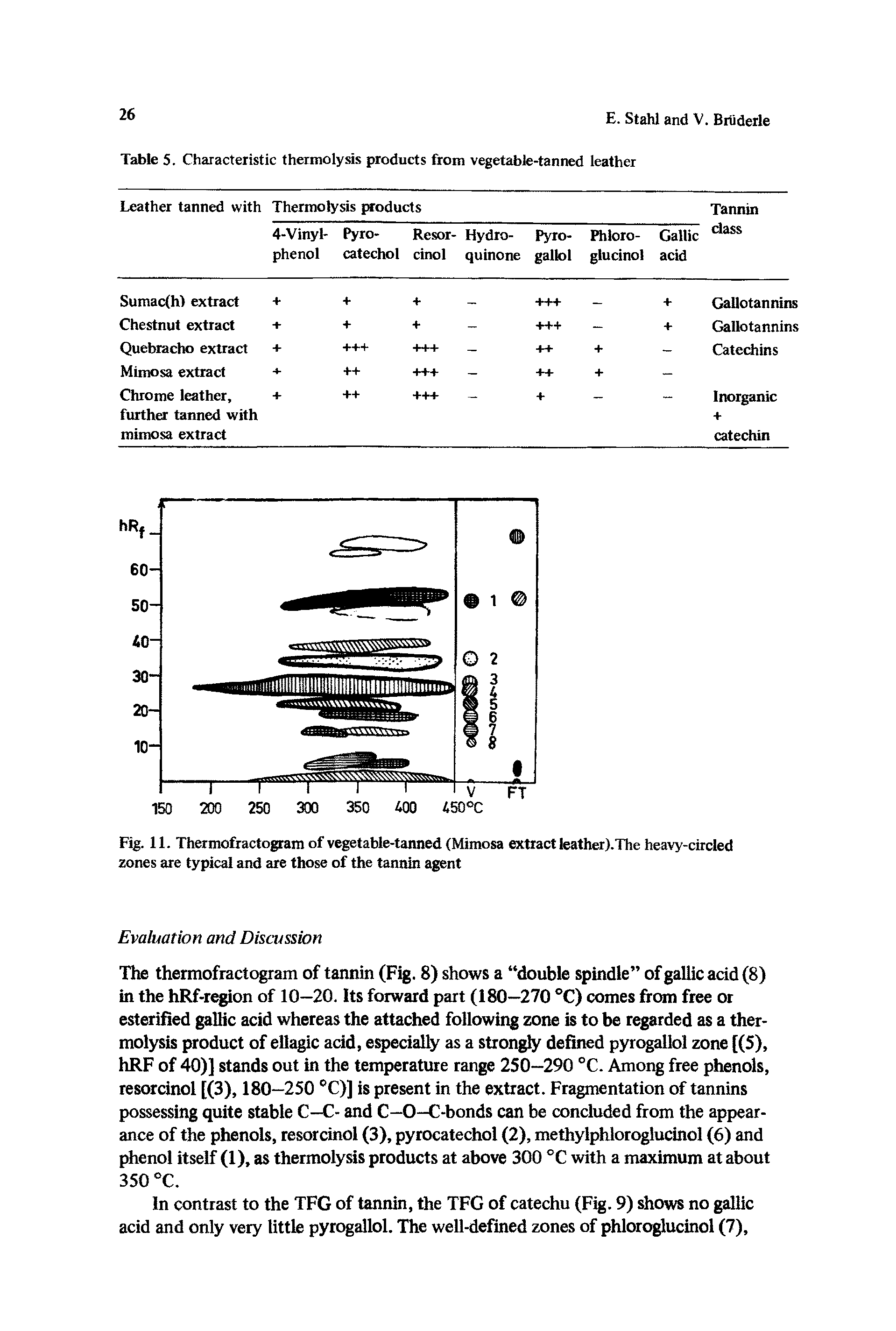 Fig. 11. Thermofractogtam of vegetable-tanned (Mimosa extract ieather).The heavy-circled zones are typical and are those of the tannin agent...
