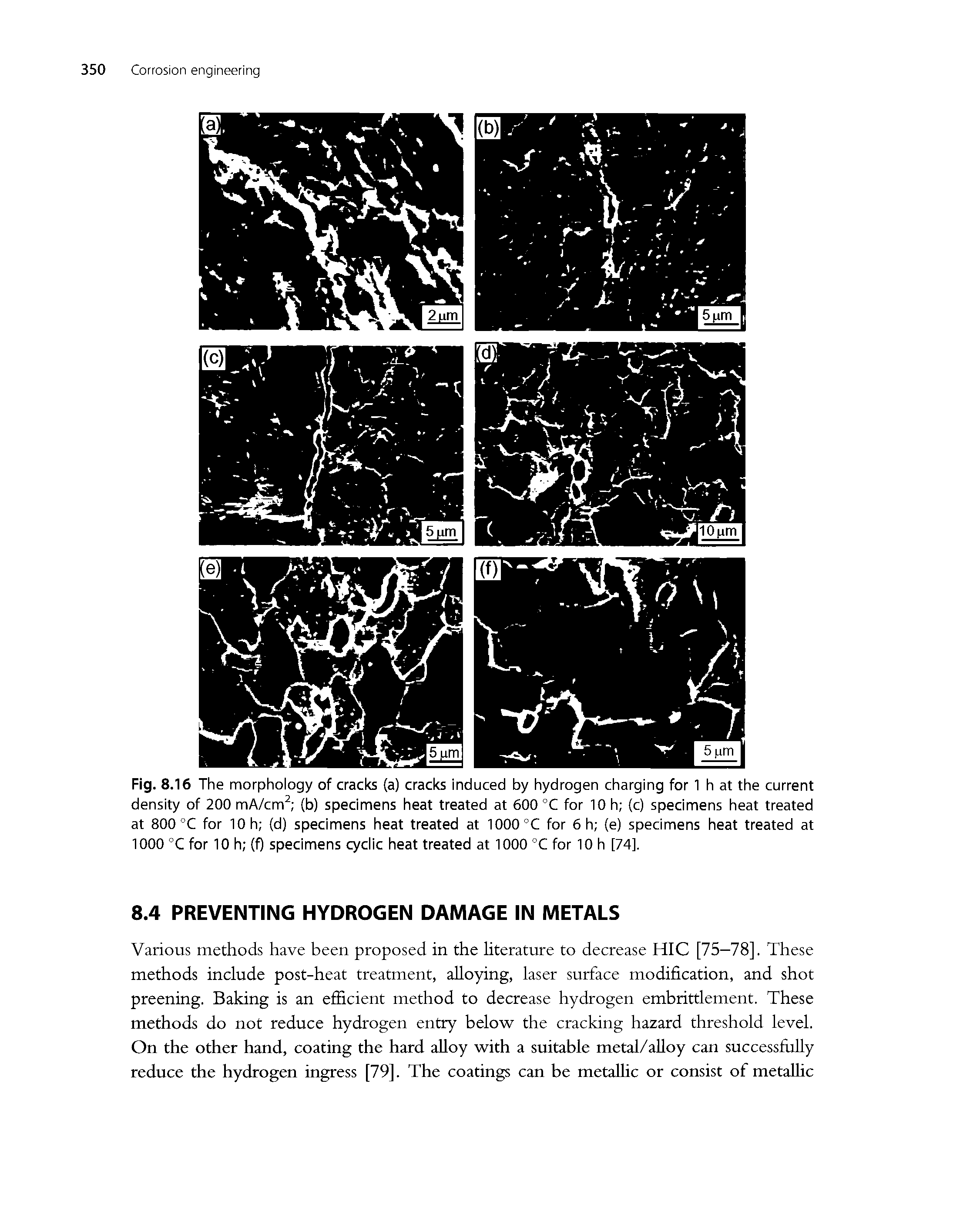 Fig. 8. 16 The morphology of cracks (a) cracks induced by hydrogen charging for 1 h at the current density of 200 mA/cm (b) specimens heat treated at 600 °C for 10 h (c) specimens heat treated at 800 °C for 10 h (d) specimens heat treated at 1000 °C for 6 h (e) specimens heat treated at 1000 °C for 10 h (f) specimens cyclic heat treated at 1000 °C for 10 h [74],...