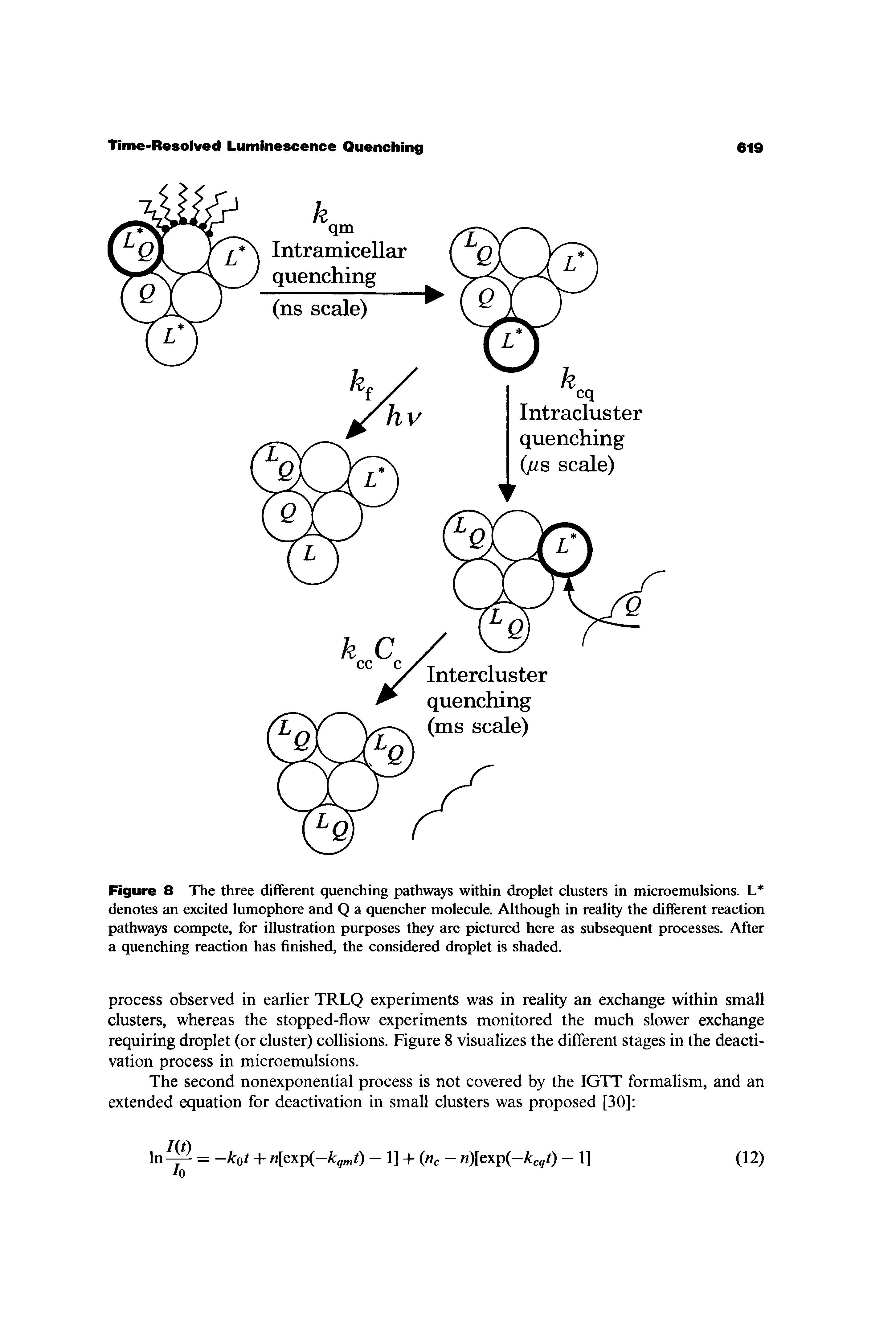 Figure 8 The three different quenching pathways within droplet clusters in microemulsions. L denotes an excited lumophore and Q a quencher molecule. Although in reality the different reaction pathways compete, for illustration purposes they are pictured here as subsequent processes. After a quenching reaction has finished, the considered droplet is shaded.