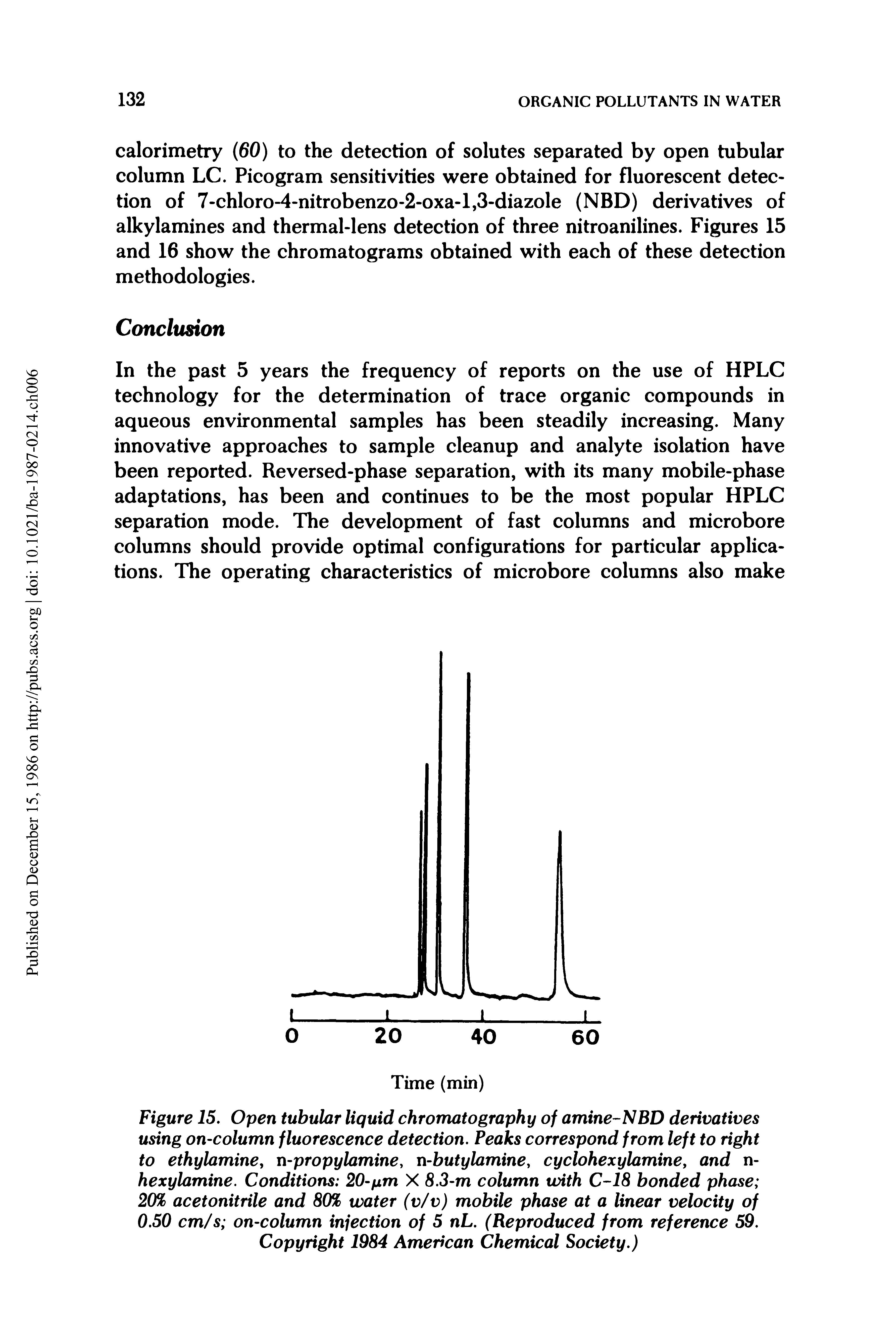 Figure 15. Open tubular liquid chromatography of amine-NBD derivatives using on-column fluorescence detection. Peaks correspond from left to right to ethylamine, n-propylamine, n-butylamine, cyclohexylamine, and n-hexylamine. Conditions 20-p.m X 8.3-m column with C-18 bonded phase 20% acetonitrile and 80% water (v/v) mobile phase at a linear velocity of 0.50 cm/s on-column injection of 5 nL. (Reproduced from reference 59. Copyright 1984 American Chemical Society.)...