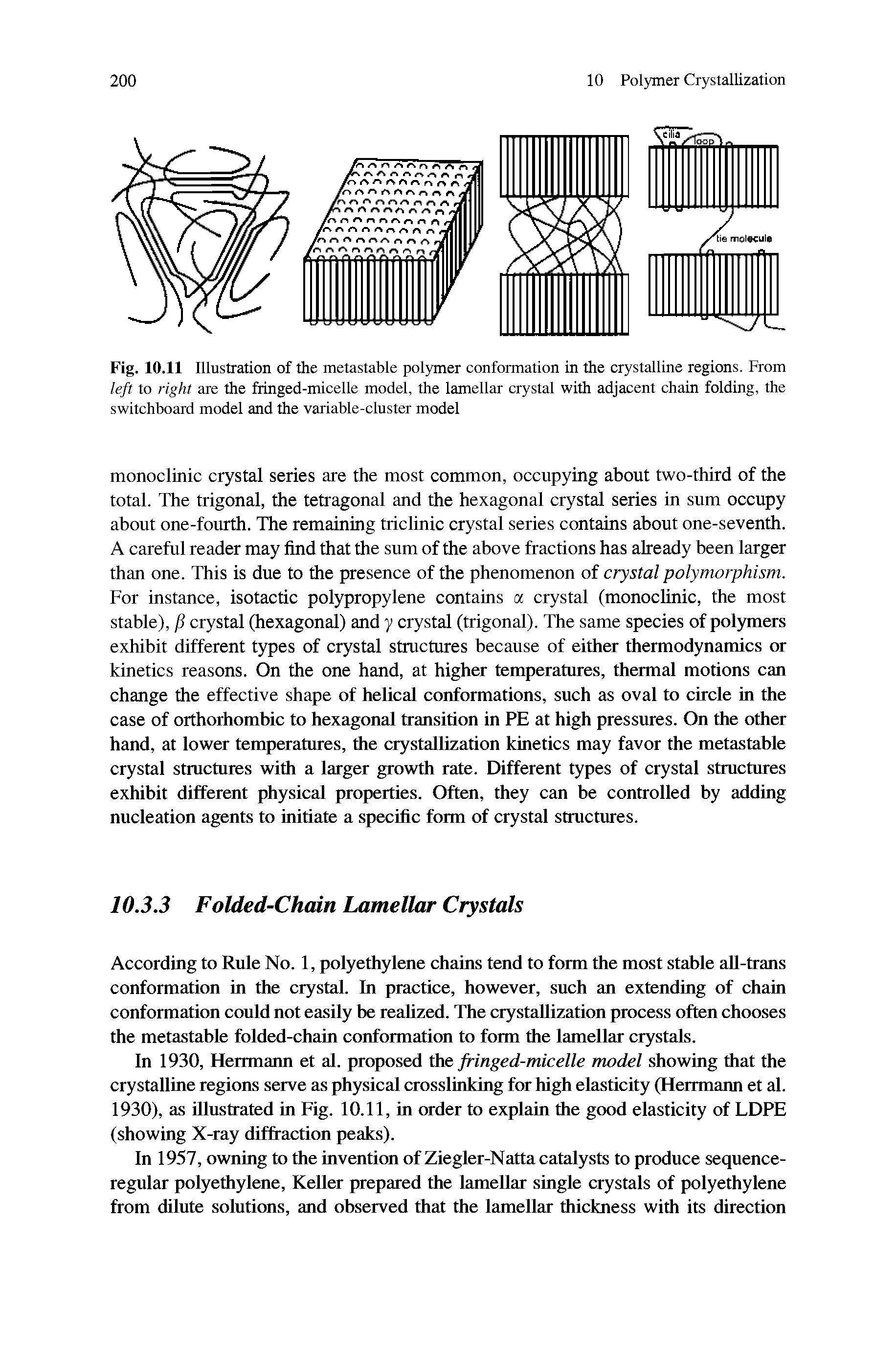 Fig. 10.11 Illustration of the metastable polymer conformation in the crystalline regions. From left to right are the fringed-micelle model, the lamellar crystal with adjacent chain folding, the switchboard model and the variable-cluster model...