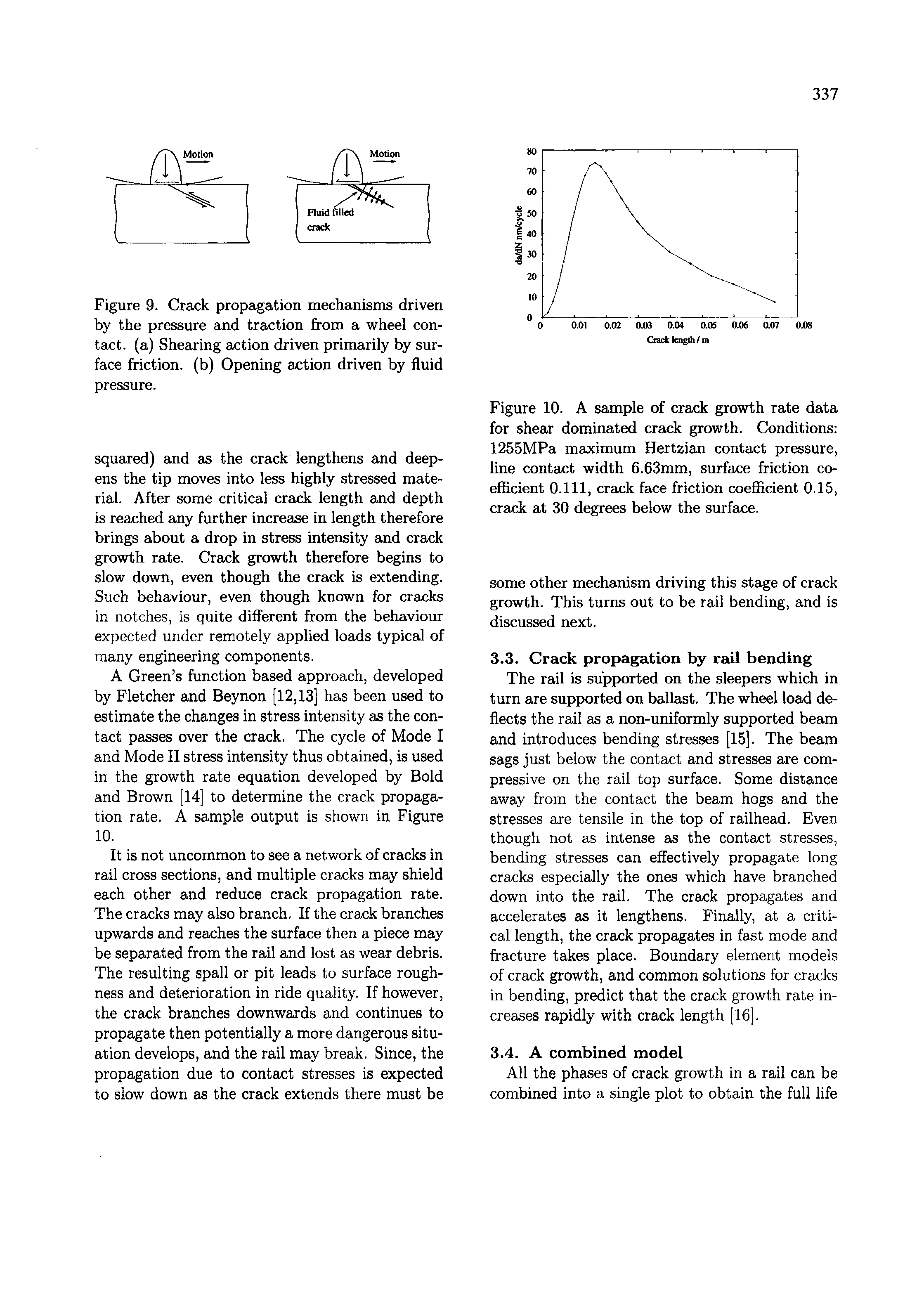 Figure 9. Crack propagation mechanisms driven by the pressure and traction from a wheel contact. (a) Shearing action driven primarily by surface friction, (b) Opening action driven by fluid pressure.