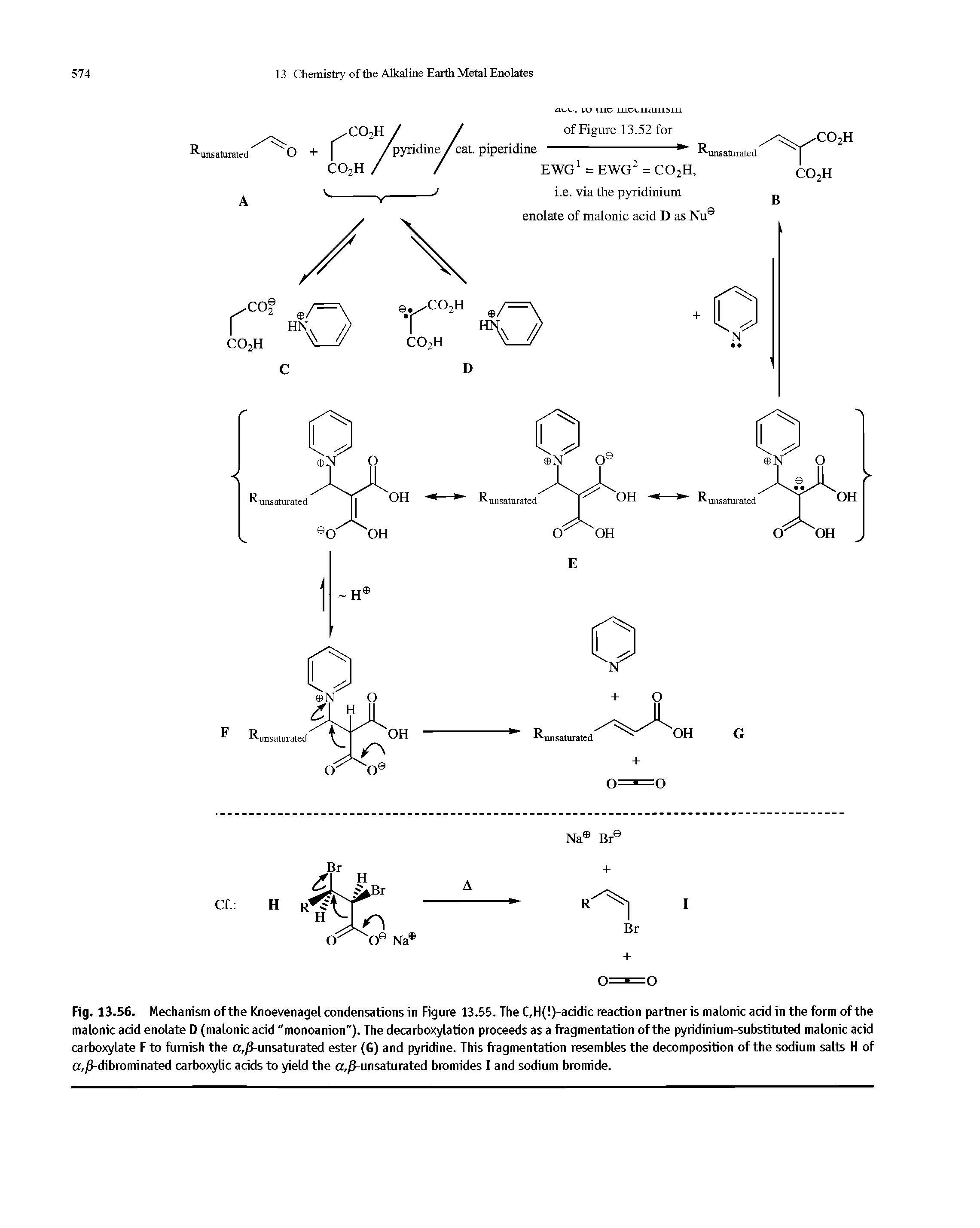 Fig. 13.56. Mechanism of the Knoevenagel condensations in Figure 13.55. The C,H( )-acidic reaction partneris malonicacidin the form of the malonic acid enolate D (malonic acid "monoanion"). The decarboxylation proceeds as a fragmentation of the pyridinium-substituted malonic acid carboxylate F to furnish the ,/Tunsaturated ester (G) and pyridine. This fragmentation resembles the decomposition of the sodium salts H of ,/Tdibrominated carboxylic acids to yield the a,/Tunsaturated bromides I and sodium bromide.