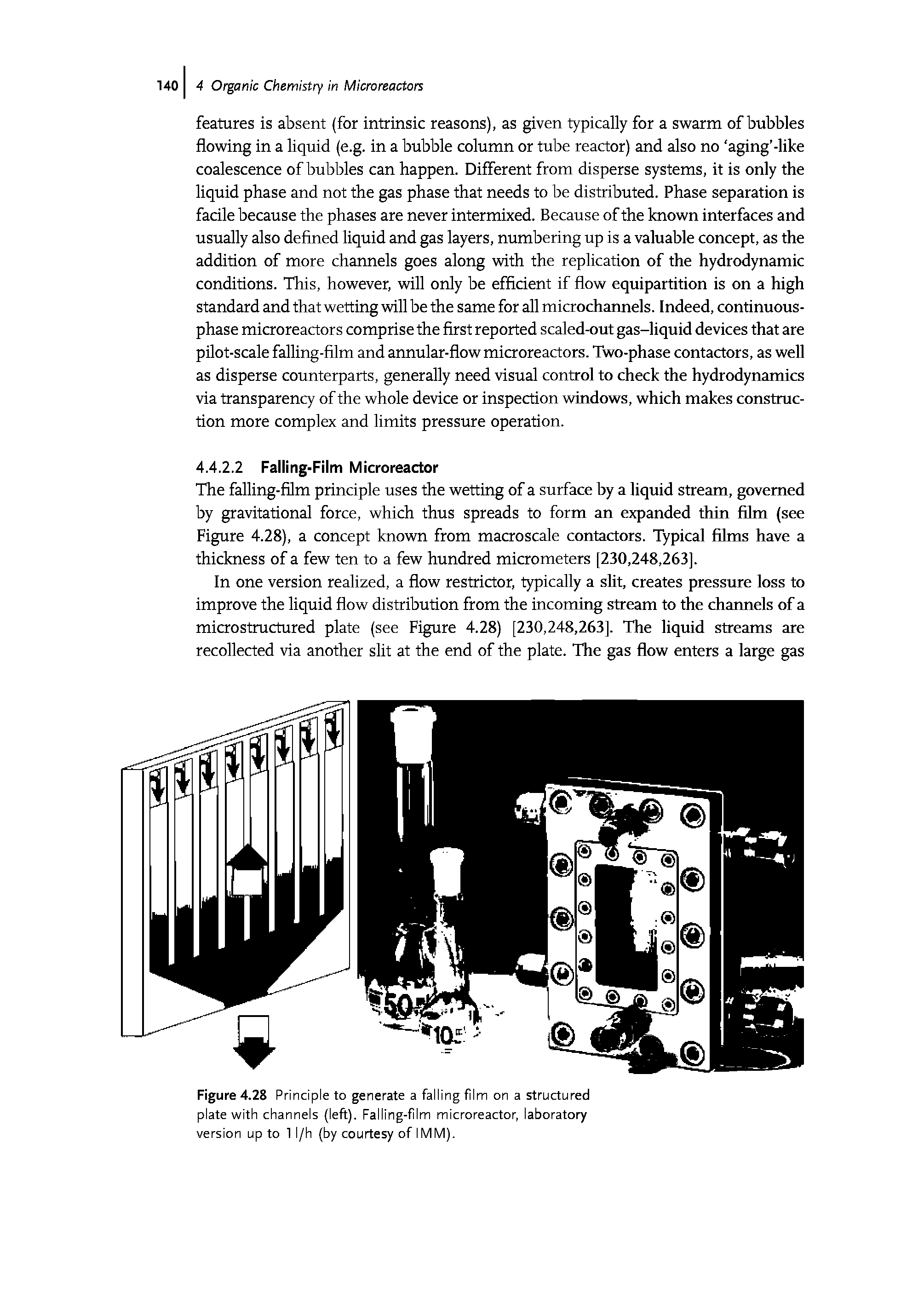 Figure 4.28 Principle to generate a falling film on a structured plate with channels (left). Falling-film microreactor, laboratory version up to 1 l/h (by courtesy of IMM).