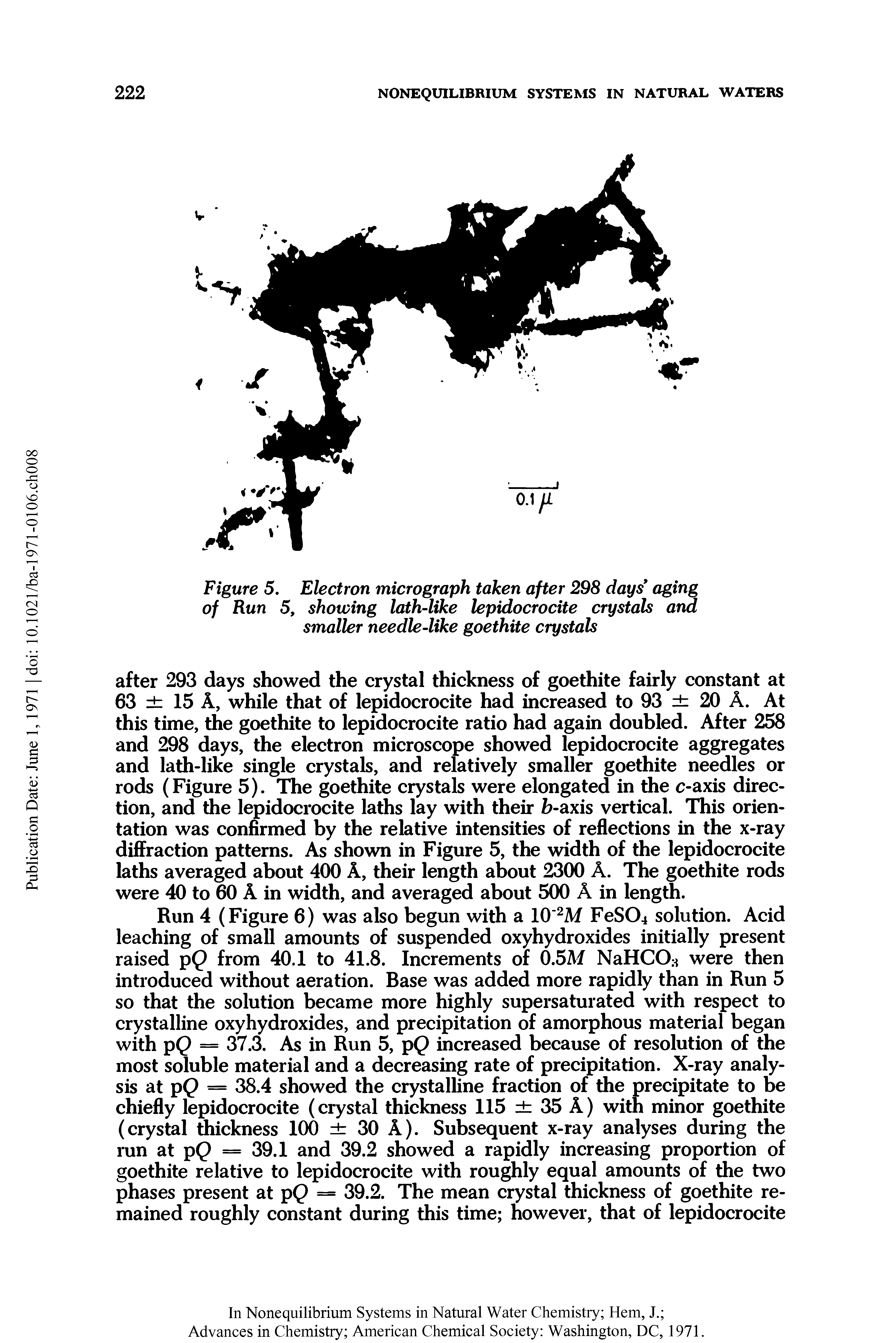 Figure 5. Electron micrograph taken after 298 days aging of Run 5, showing lath-like lepidocrocite crystals and smaller needle-like goethite crystals...