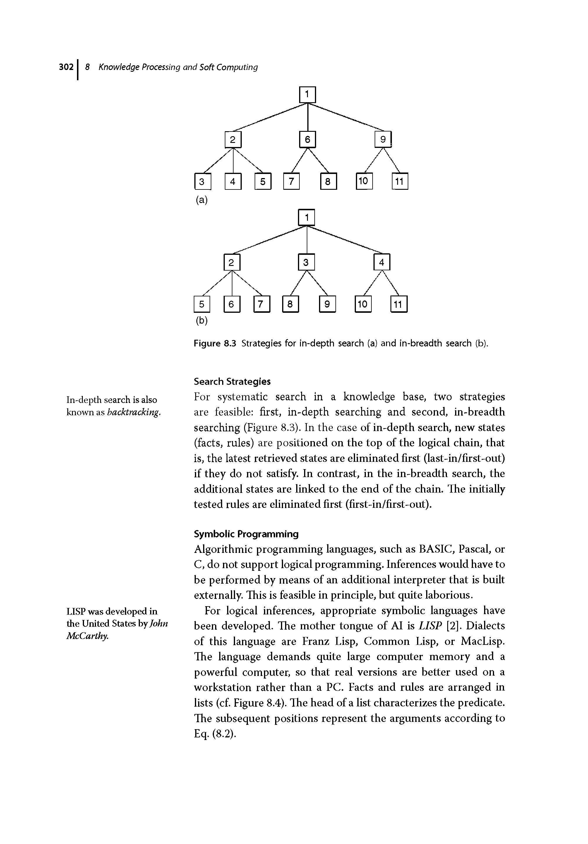 Figure 8.3 Strategies for in-depth search (a) and in-breadth search (b).