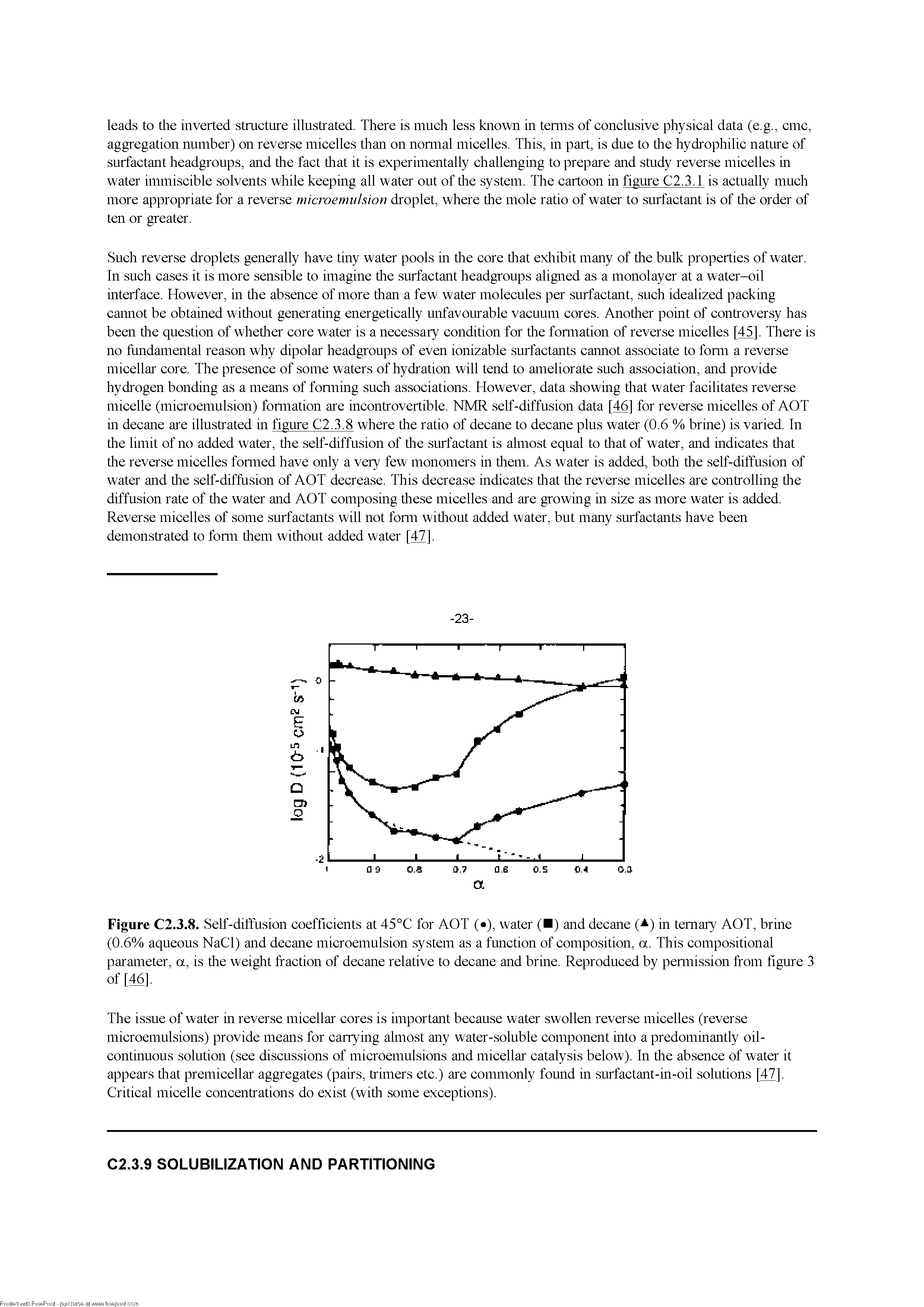 Figure C2.3.8. Self-diffusion coefficients at 45°C for AOT ( ), water ( ) and decane ( ) in ternary AOT, brine (0.6% aqueous NaCl) and decane microemulsion system as a function of composition, a. This compositional parameter, a, is tire weight fraction of decane relative to decane and brine. Reproduced by pennission from figure 3 of [46].