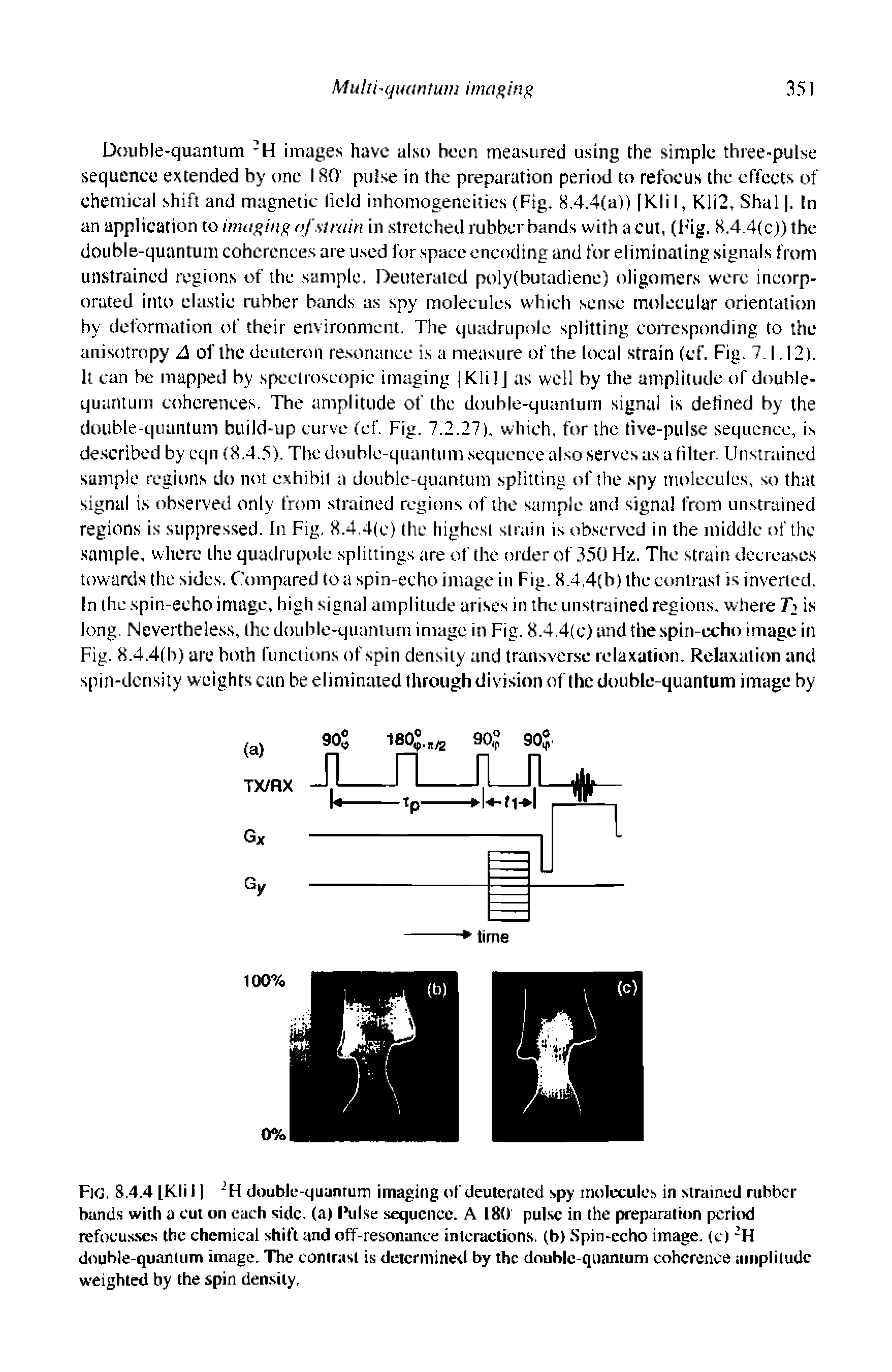 Fig. 8.4.4 [KM i double-quantum imaging of deuterated spy molecules in strained rubber bands with a cut on each side, (a) Pulse sequence. A 180 pulse in the preparation period refocusses the chemical shift and off-resonance interactions, (b) Spin-echo image, (c) Hi double-quantum image. The contrast is determined by the doubic-qiianium coherence uiiipliludc weighted by the spin density.