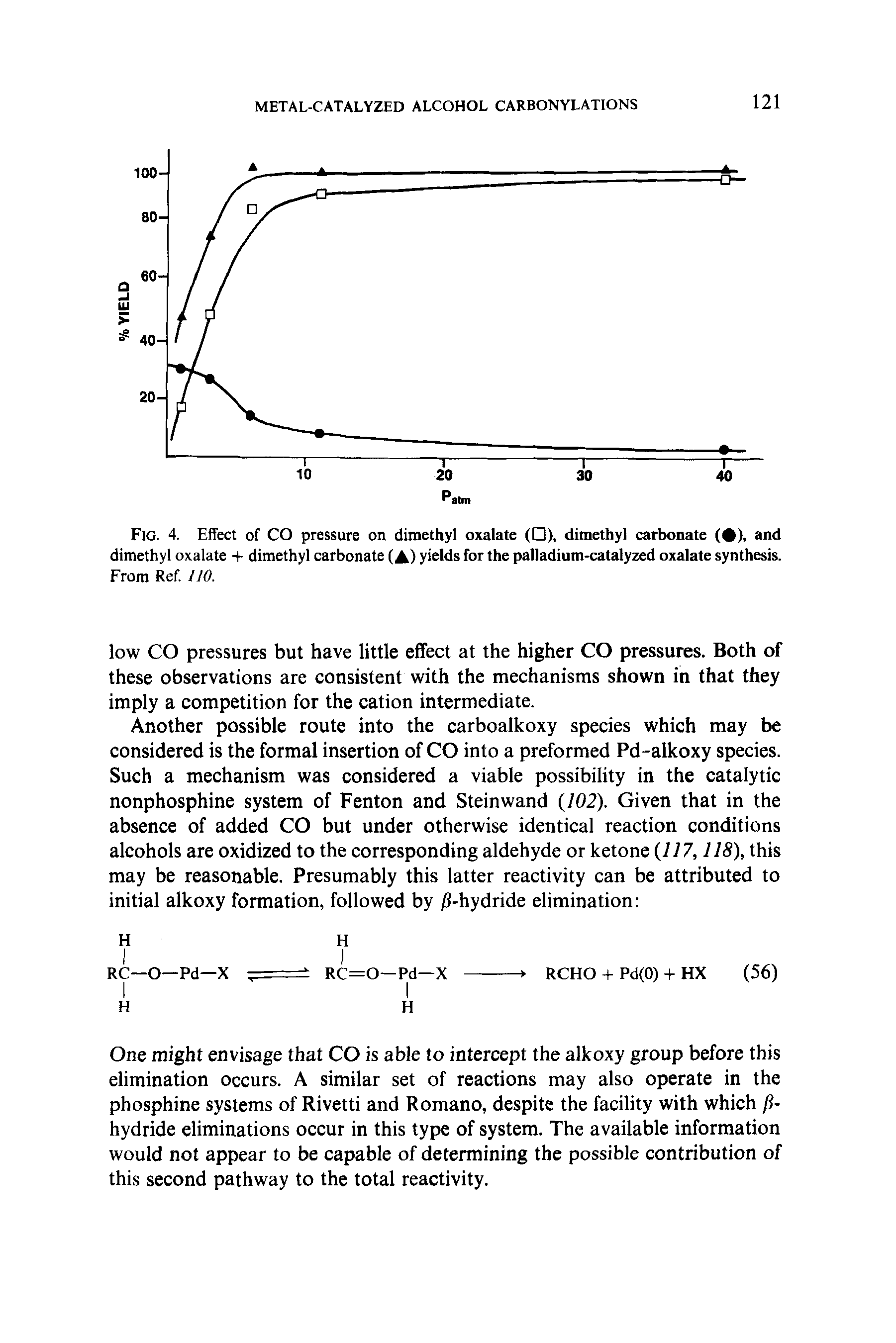 Fig. 4. Effect of CO pressure on dimethyl oxalate ( ), dimethyl carbonate ( ), and dimethyl oxalate + dimethyl carbonate (A) yields for the palladium-catalyzed oxalate synthesis. From Ref. 110.