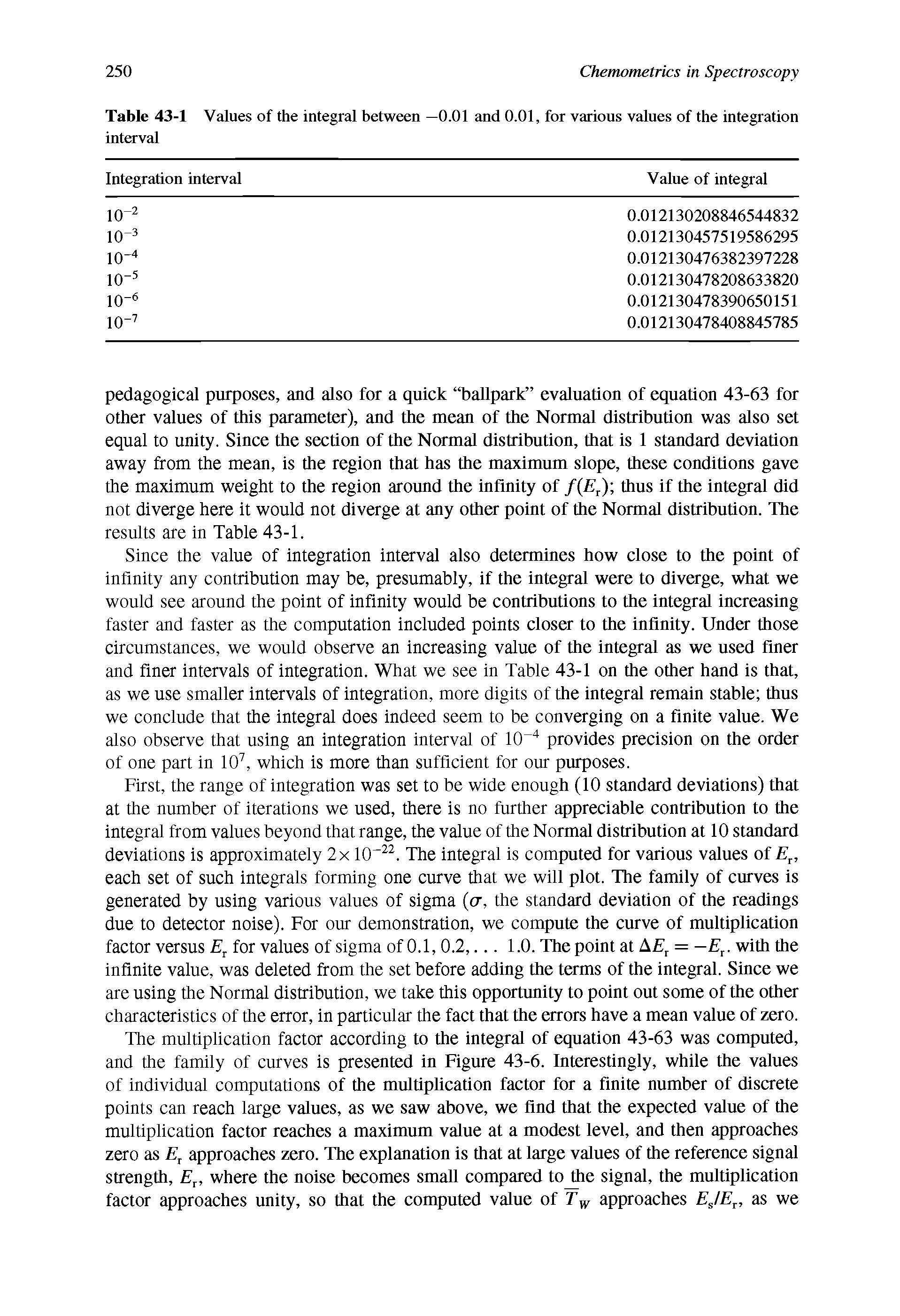 Table 43-1 Values of the integral between —0.01 and 0.01, for various values of the integration interval...