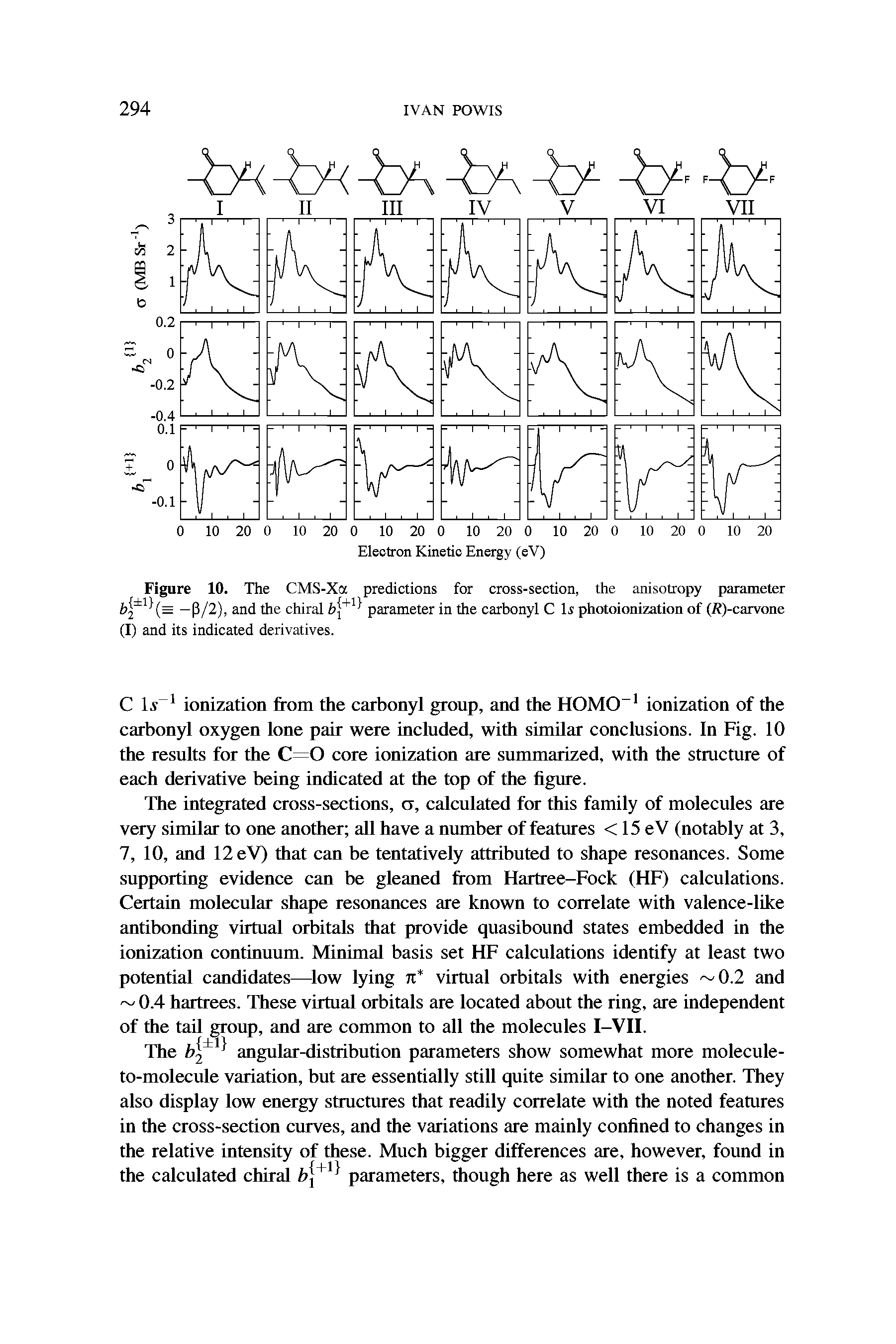 Figure 10. The CMS-Xa predictions for cross-section, the anisotropy parameter —P/2), and the chiral parameter in the carbonyl C li photoionization of (R)-carvone (I) and its indicated derivatives.