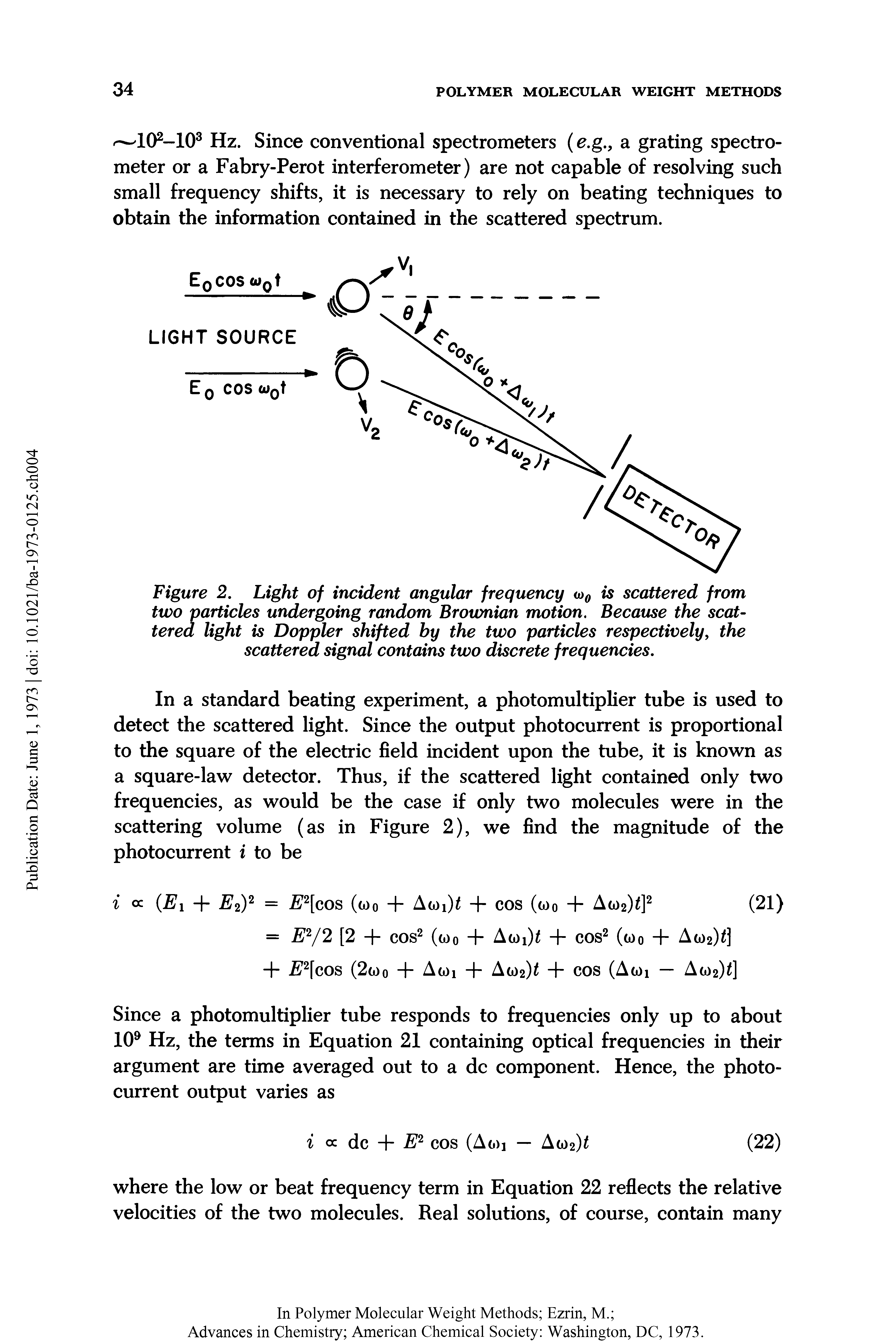 Figure 2. Light of incident angular frequency o>0 is scattered from two particles undergoing random Brownian motion. Because the scattered light is Doppler shifted by the two particles respectively, the scattered signal contains two discrete frequencies.